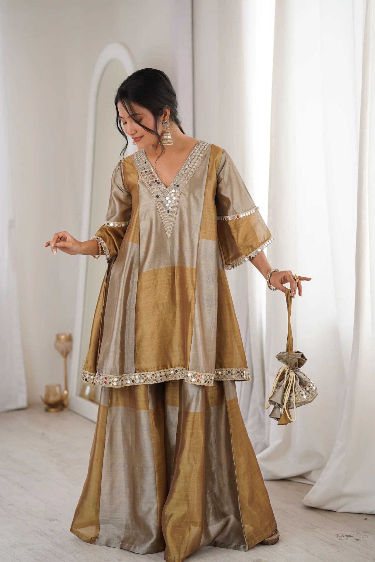 Women's Two-Tone Tissue Kurta Set with Palazzo and Batwa | Mirror and Embroidered Lace Work | Bell Sleeves | Festive Wear