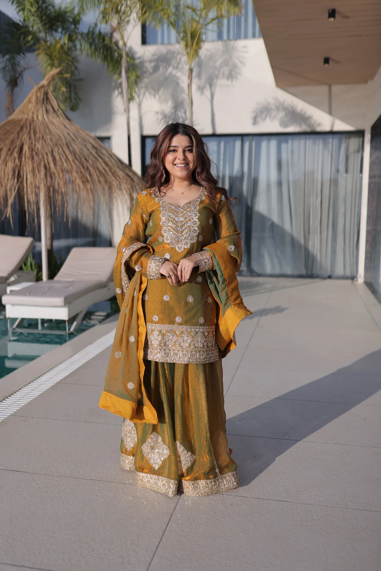 Women's Fendi Chiffon Sharara Set with Top, Bottom & Dupatta | Zari Sequins Coding Embroidery | Full Sleeves | Festive Wear