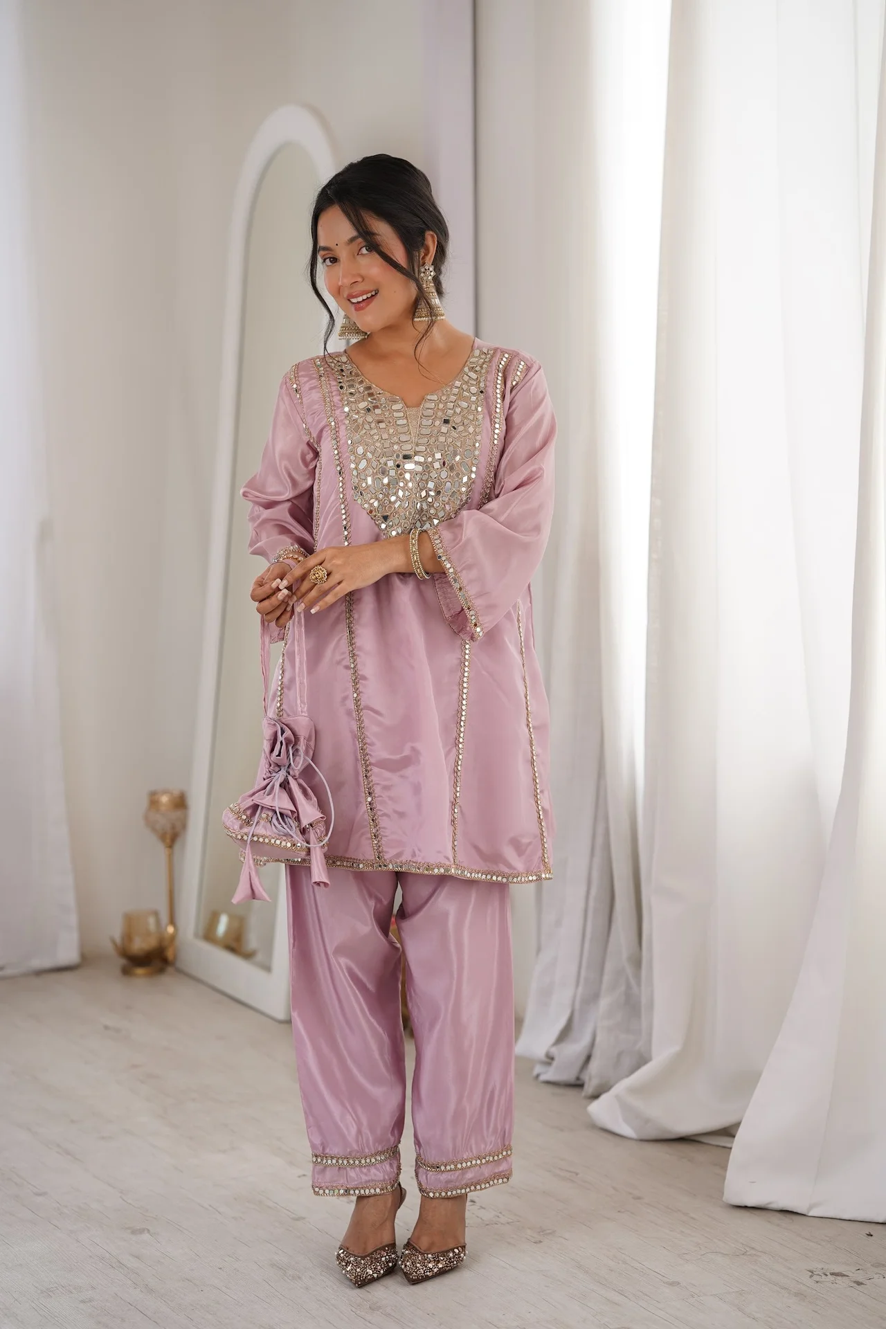 Women's Cotton-Lined Kurta Set with Pant and Batwa | Real Mirror Embroidery | Bell Sleeves | Festive and Party Wear