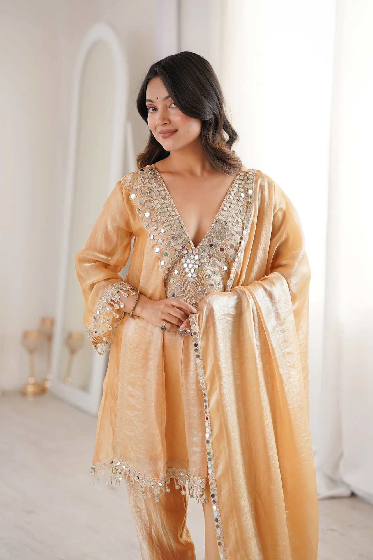 Women's Fendy Fabric Kurta Set with Pant and Dupatta | Real Mirror and Coding Embroidered Work | Full Sleeves | Festive Wear