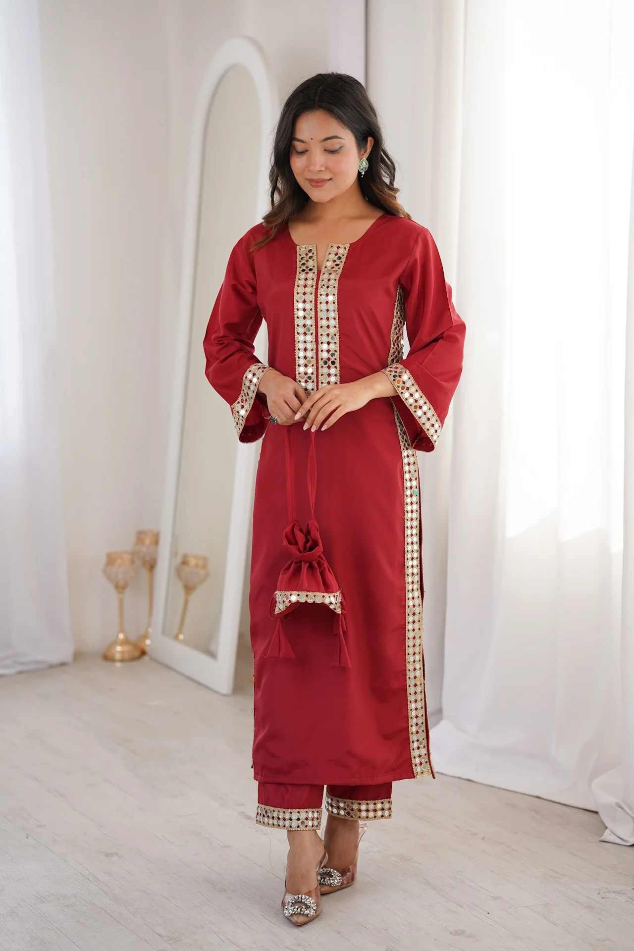 Women's Crepe Kurta Set with Pant and Potli in Maroon