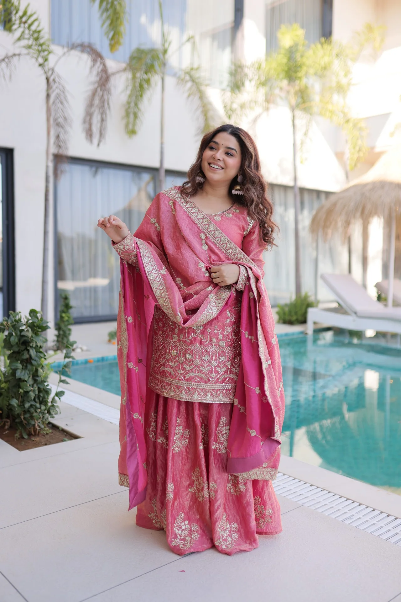 Women's Fendi Crush Sharara Set with Kurti, Sharara & Dupatta | Zari Sequins Embroidery | Full Sleeves | Festive Party Wear