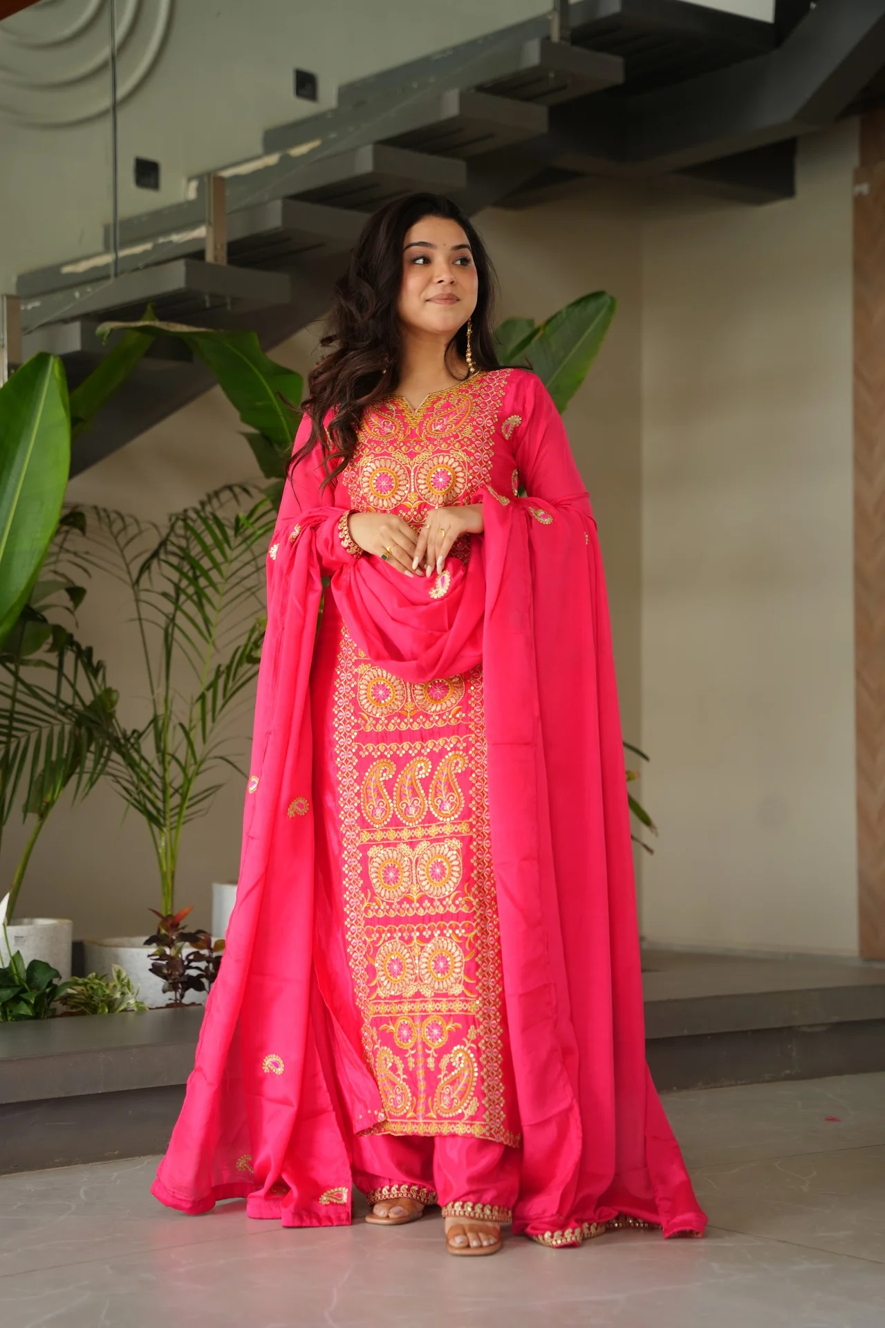 Women's Chinnon Silk Kurta Set with Pant and Dupatta in Rani Pink
