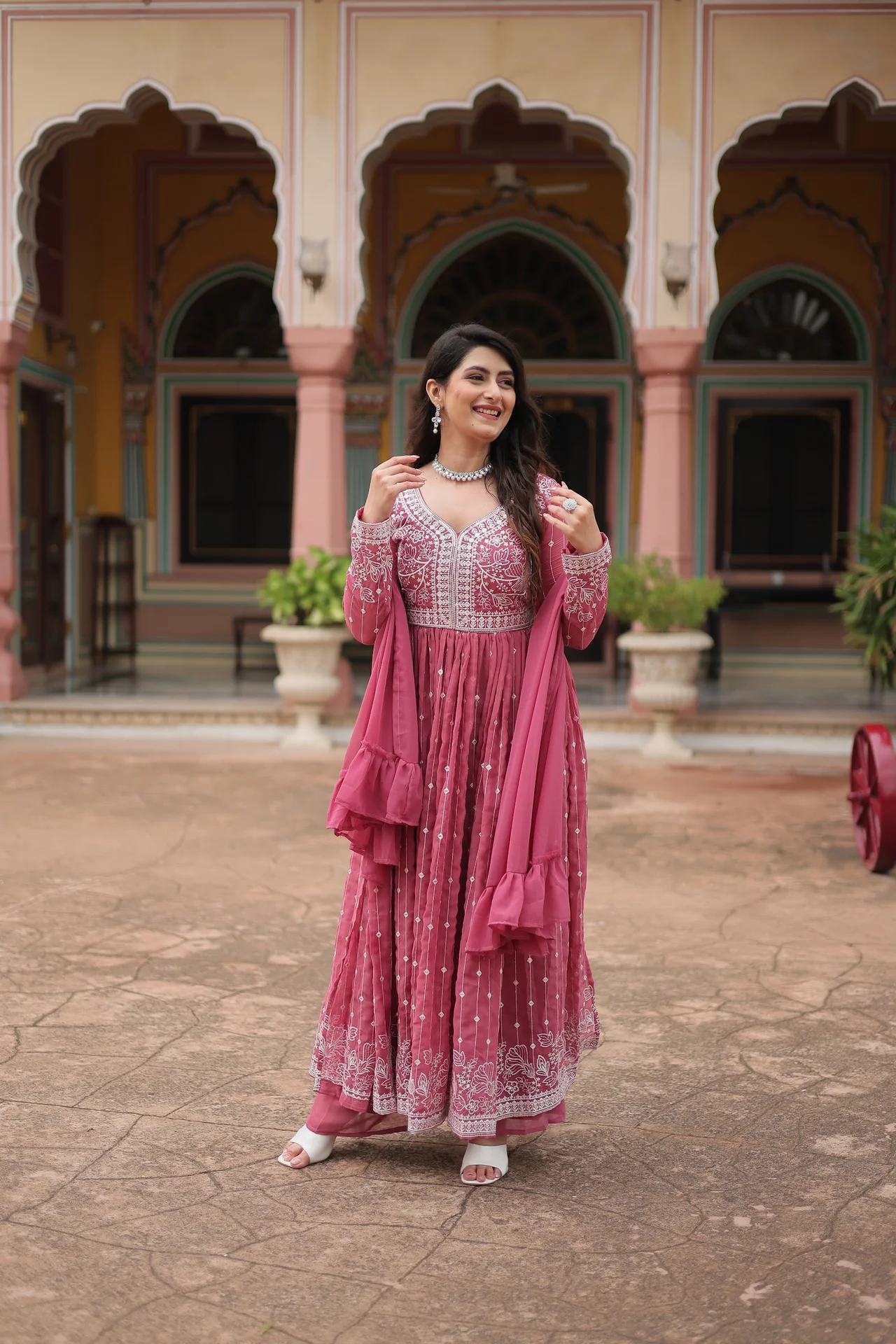 Women's Faux Georgette Kurta Set with Palazzo and Dupatta in Pink