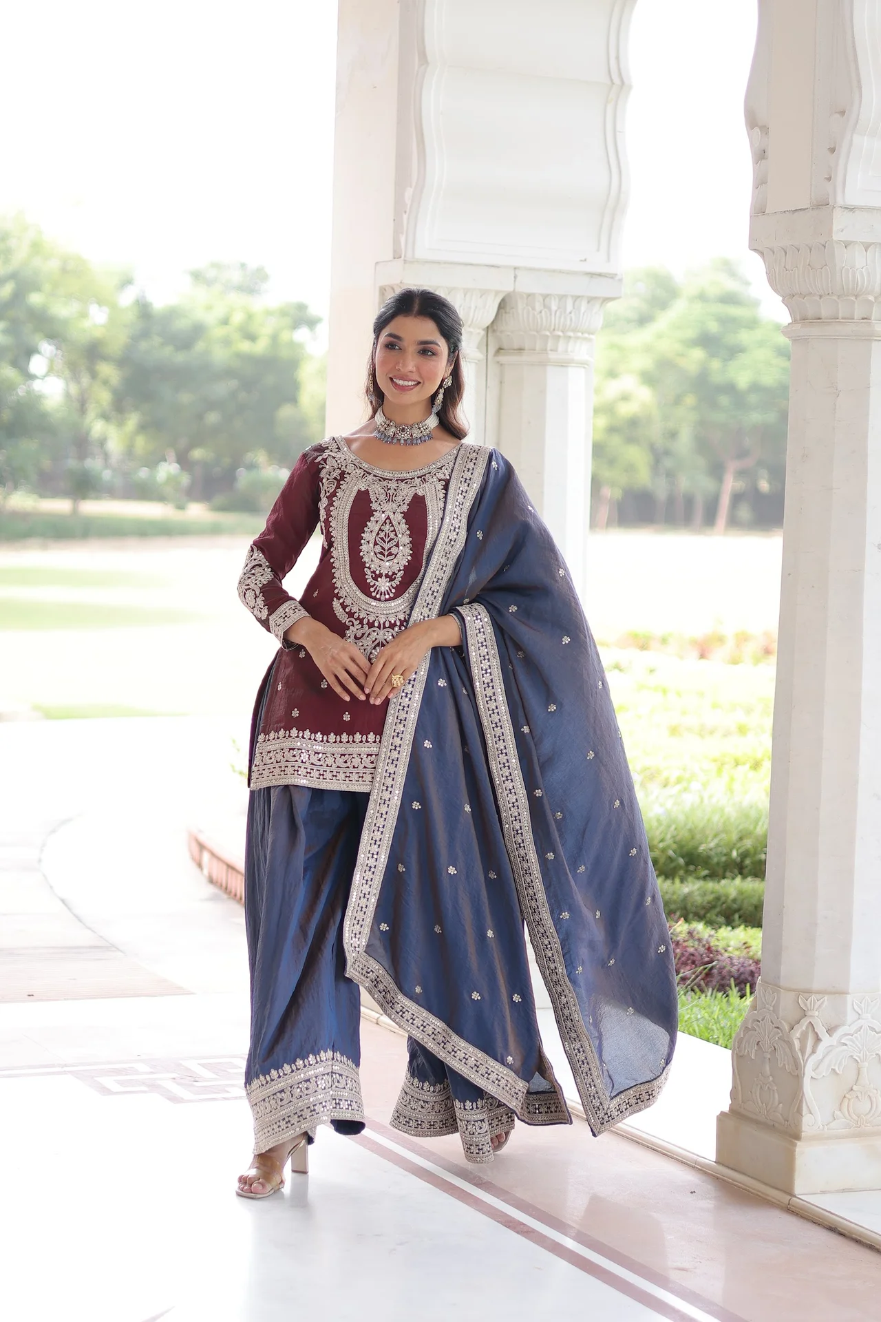 Women's NC Silk Kurta Set with Sharara and Dupatta in Maroon