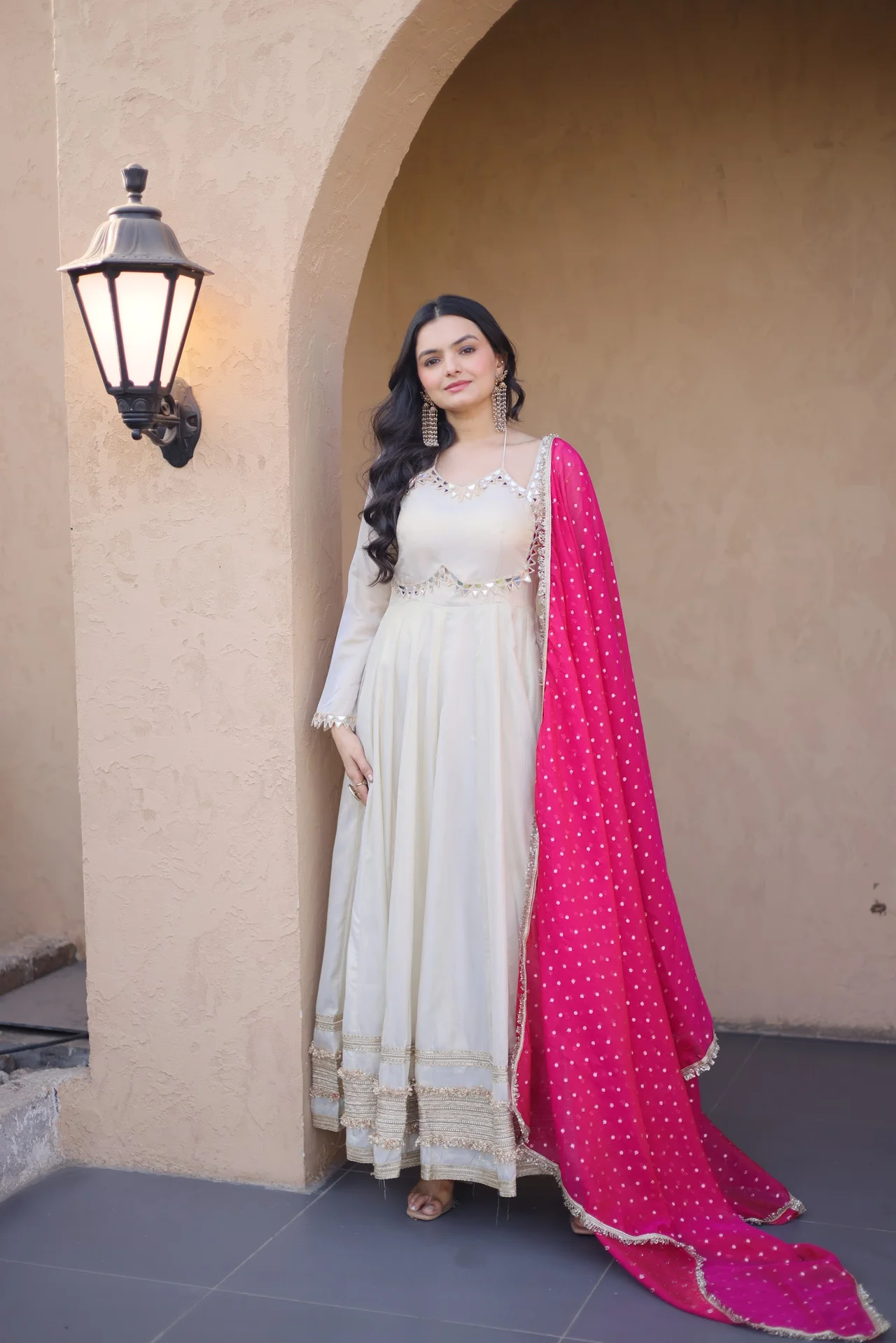 Women's Cosmos Anarkali Gown with Dupatta in Rani Pink