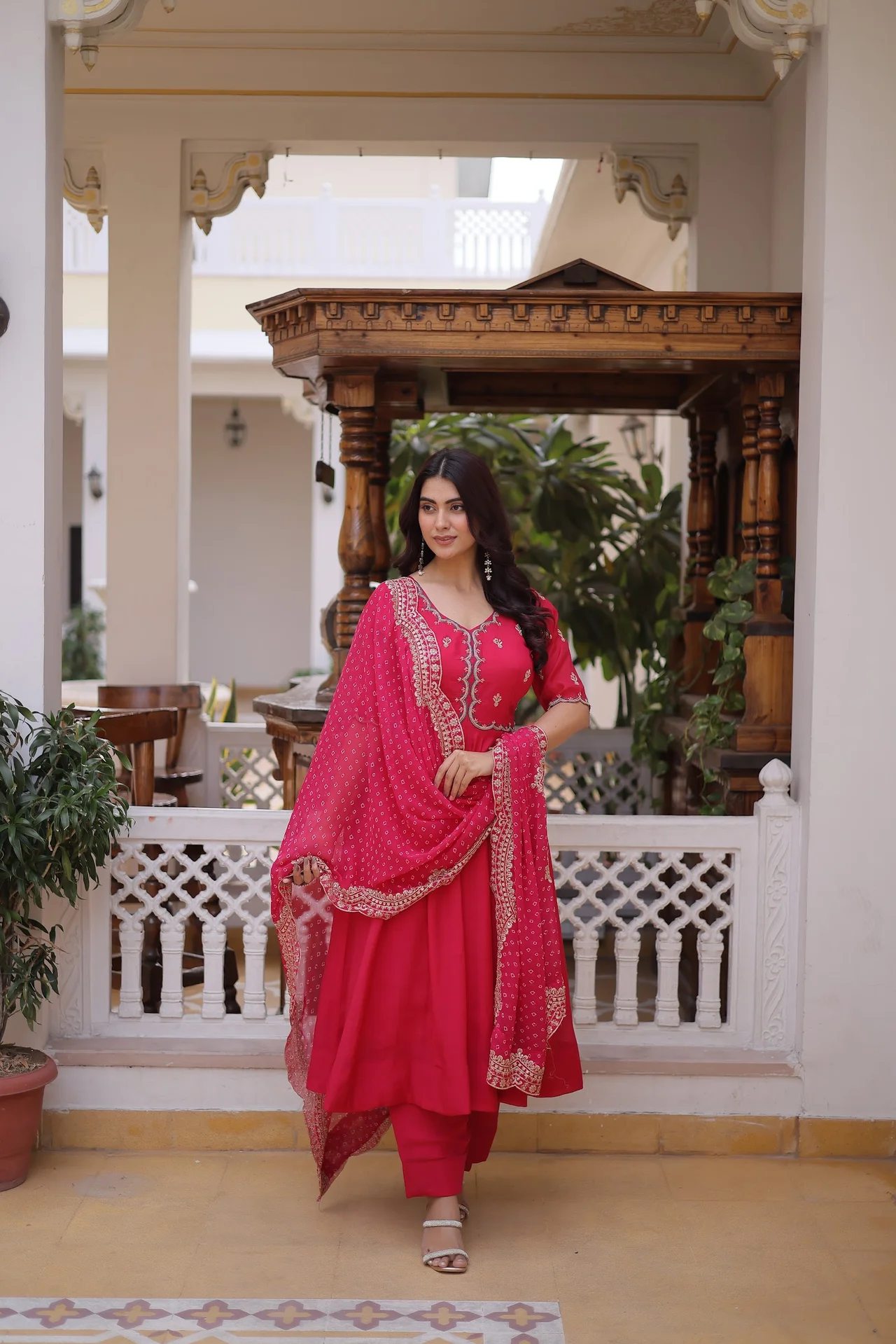 Women's Mul Chanderi Kurta Set with Pant and Dupatta in Rani Pink