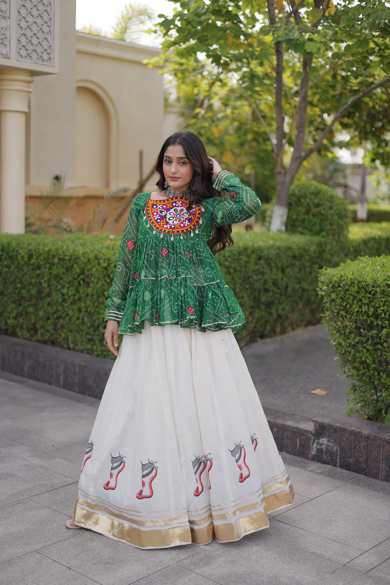 Women's Kora Cotton Lehenga Choli with Stitched Top | Bandhani Print with Kutchi Gamthi Patchwork | 6 Mtr Flair | Navratri Wear