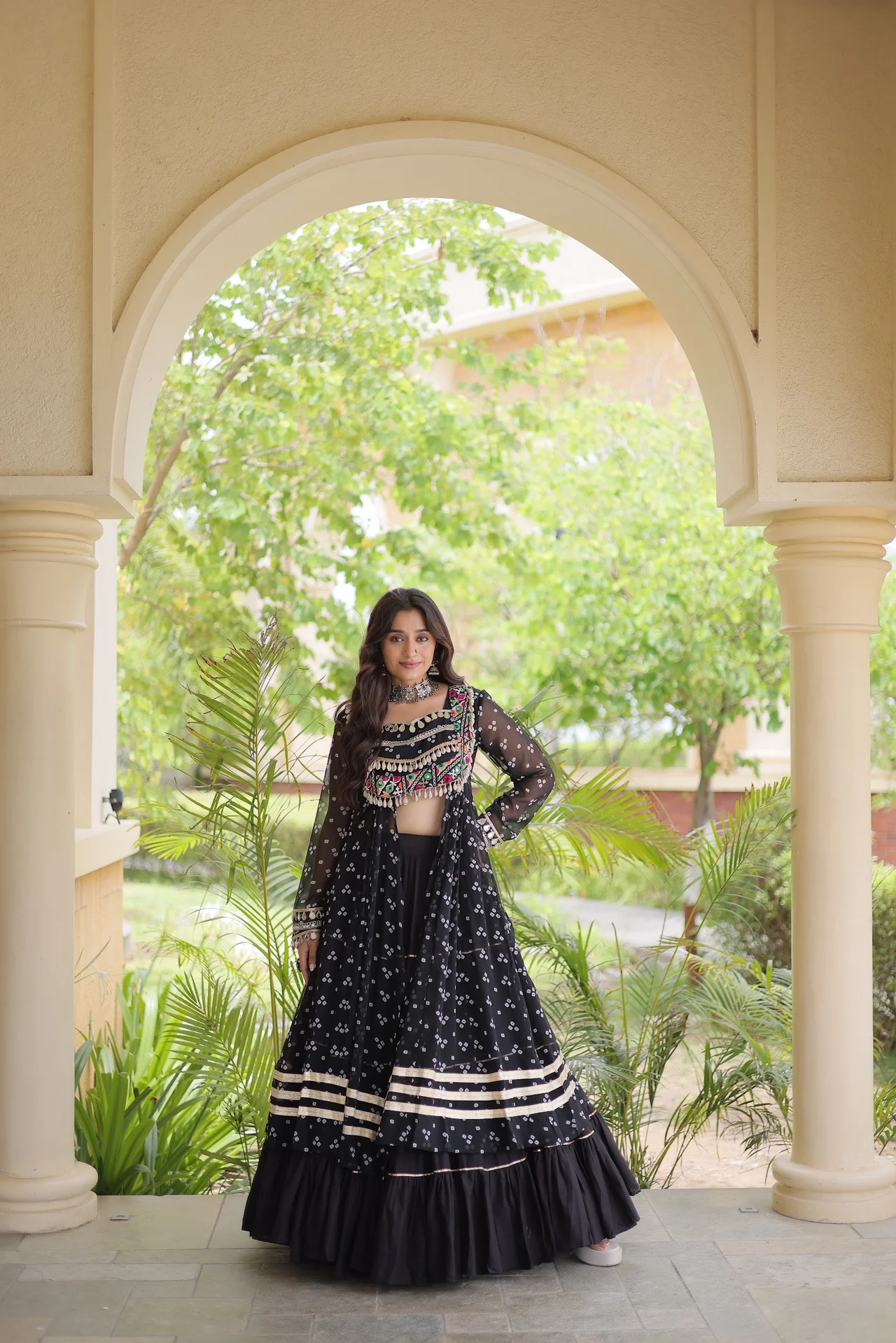 Women's Kora Cotton Lehenga Choli with Faux Georgette Kurti | Bandhani Print with Kutchi Patchwork | 12 Mtr Flair | Navratri Wear