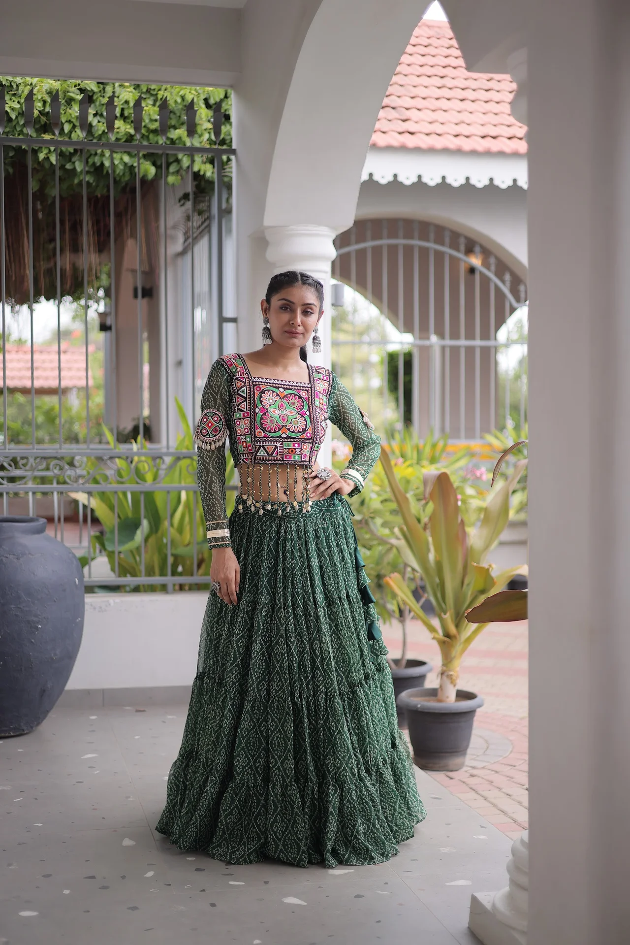 Women's Faux Georgette Lehenga Choli with Stitched Blouse in Bottle Green