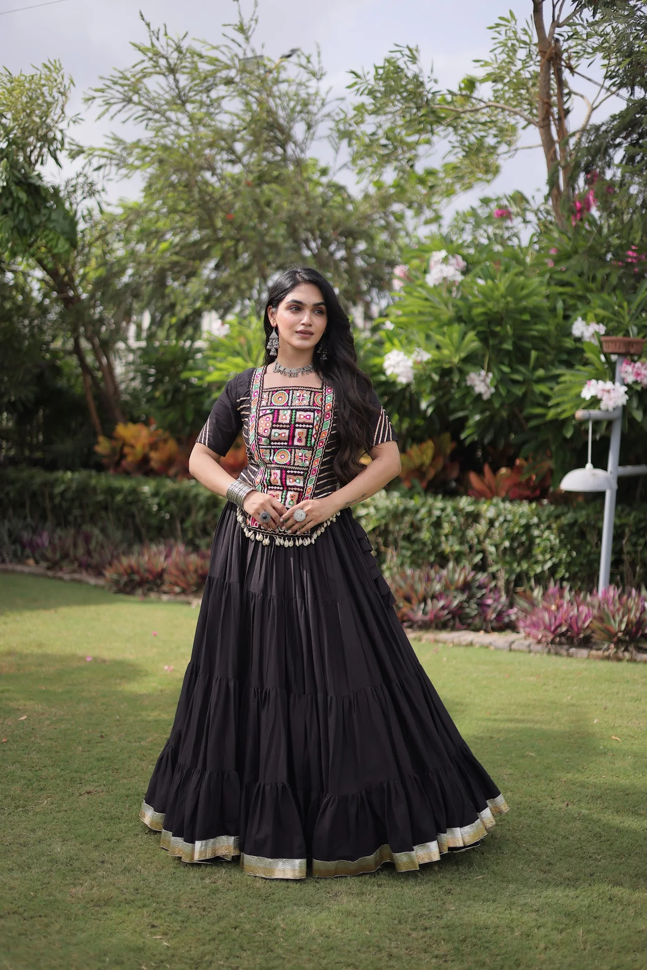 Women's Kora Cotton Lehenga Choli with Stitched Blouse | Kutchi Patchwork | 12 Mtr Flair | Navratri Garba Festive Wear
