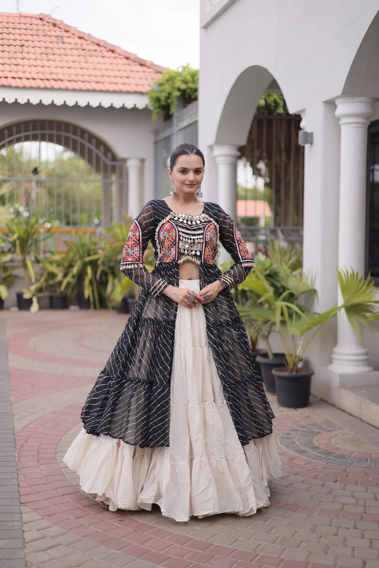 Women's Kora Cotton Lehenga Choli with Long Jacket Kurti in Black