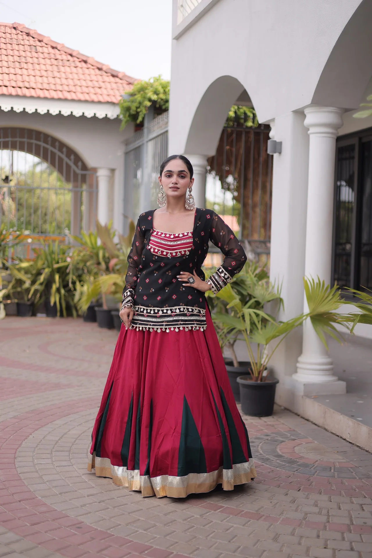 Women's Rayon Lehenga Choli with Jacket Style Top | Kutchi Lace and Bandhani Print Work | 6 Mtr Flair | Navratri Garba Wear