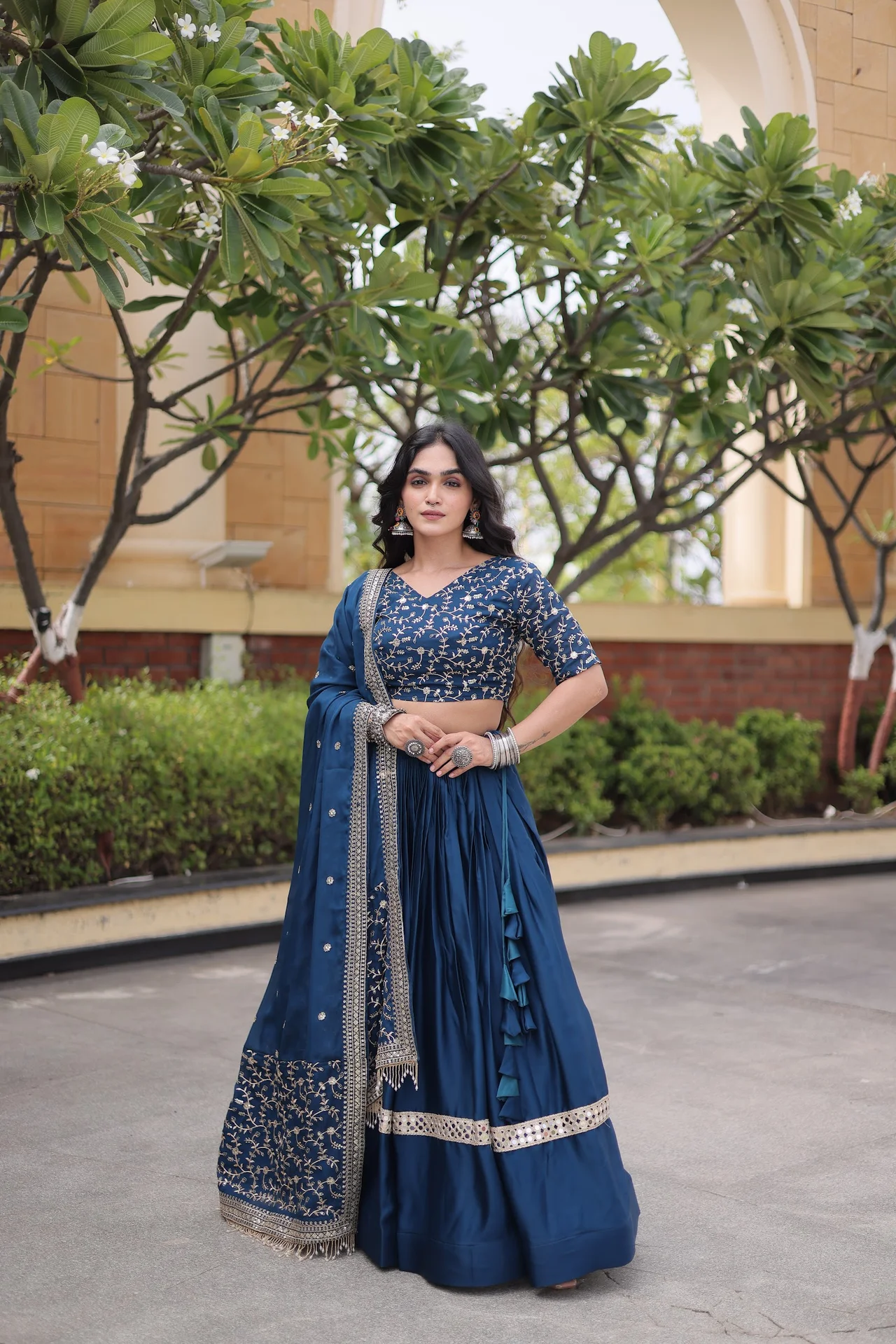Women's Glory Satin Lehenga Choli with Dupatta in Navy