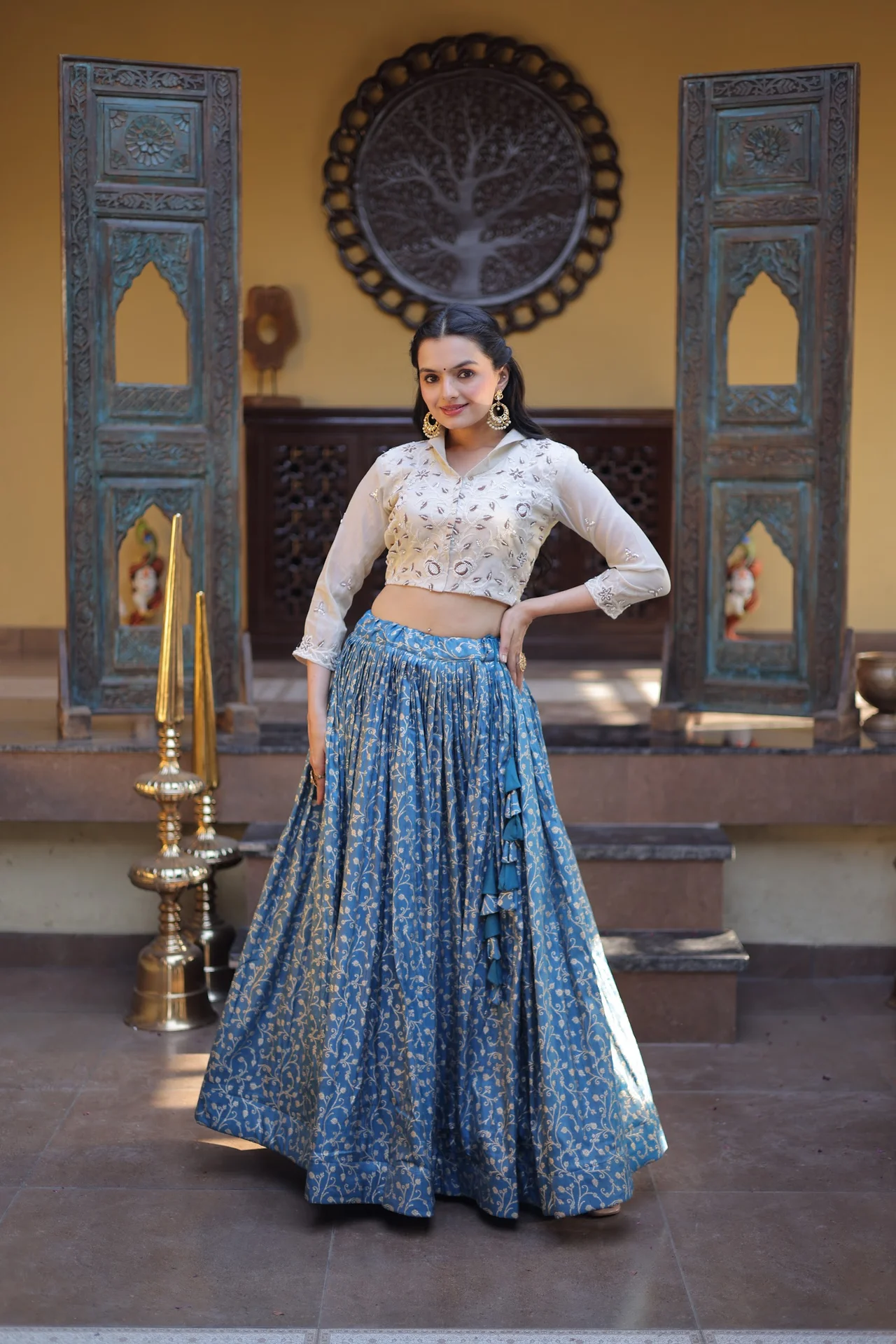 Women's Cosmos Jacquard Lehenga Choli with Stitched Blouse in Teal