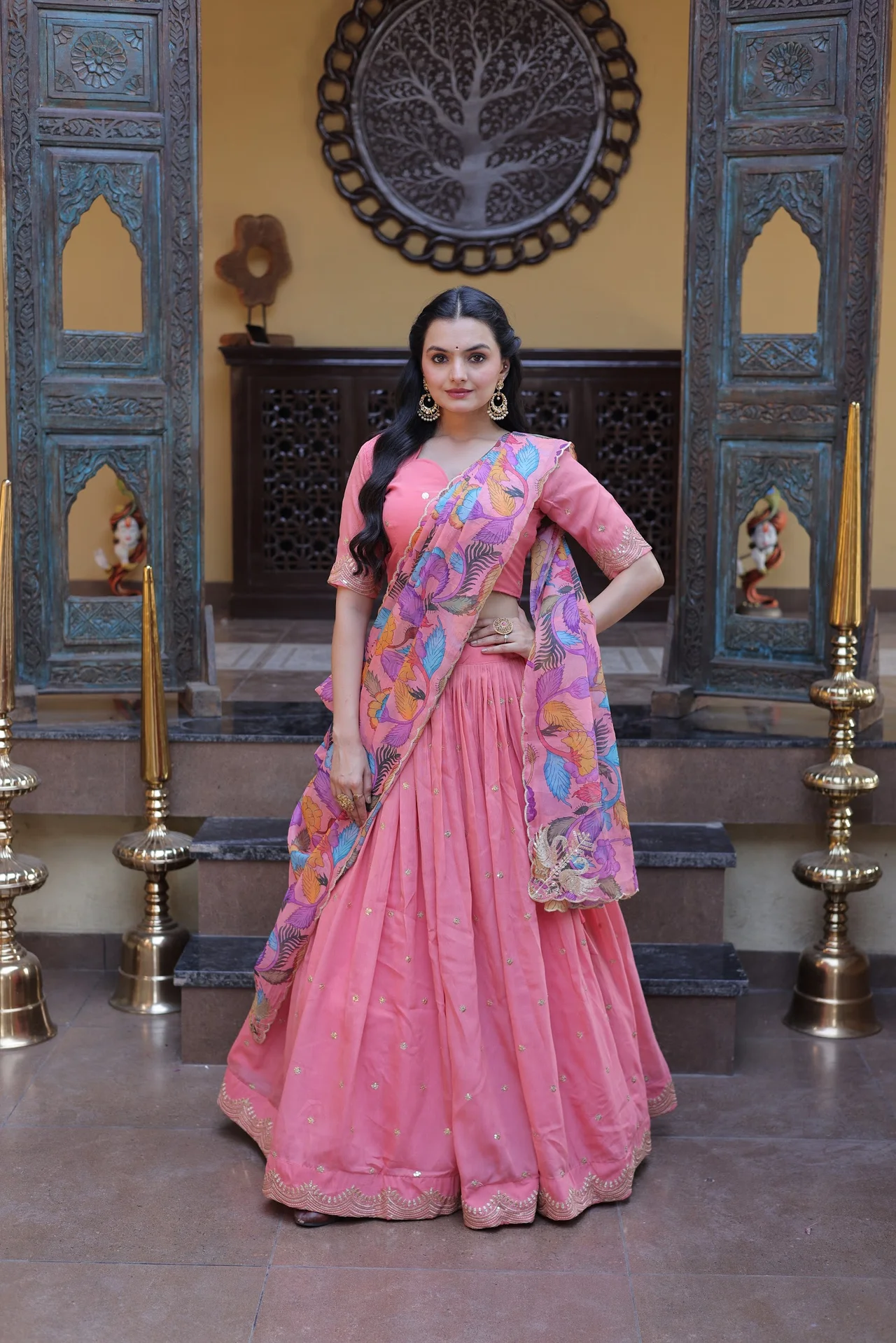 Women's Cosmos Silk Lehenga Choli with Printed Dupatta in Pink