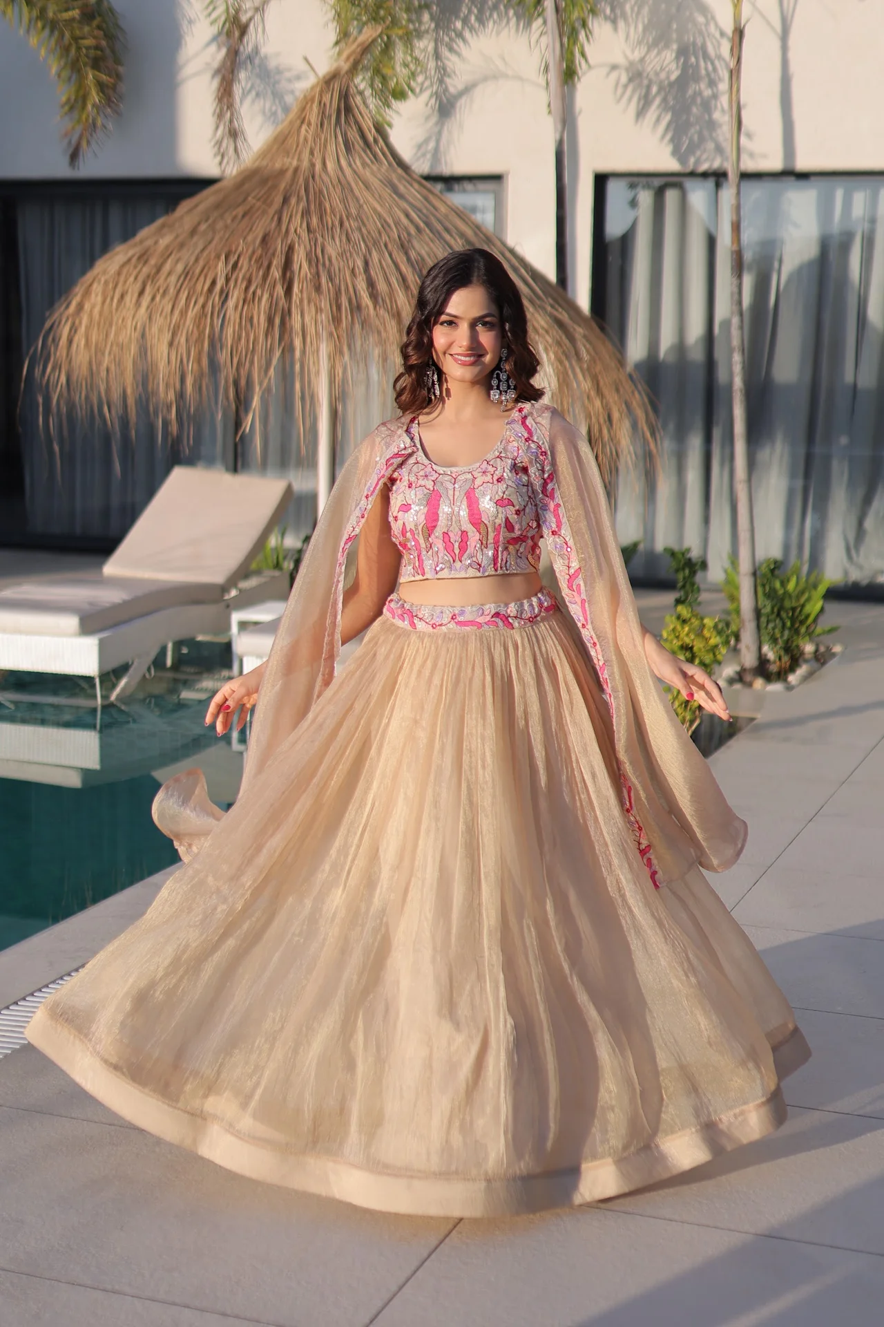 Women's Sindur Silk Lehenga Choli with Shrug in Beige