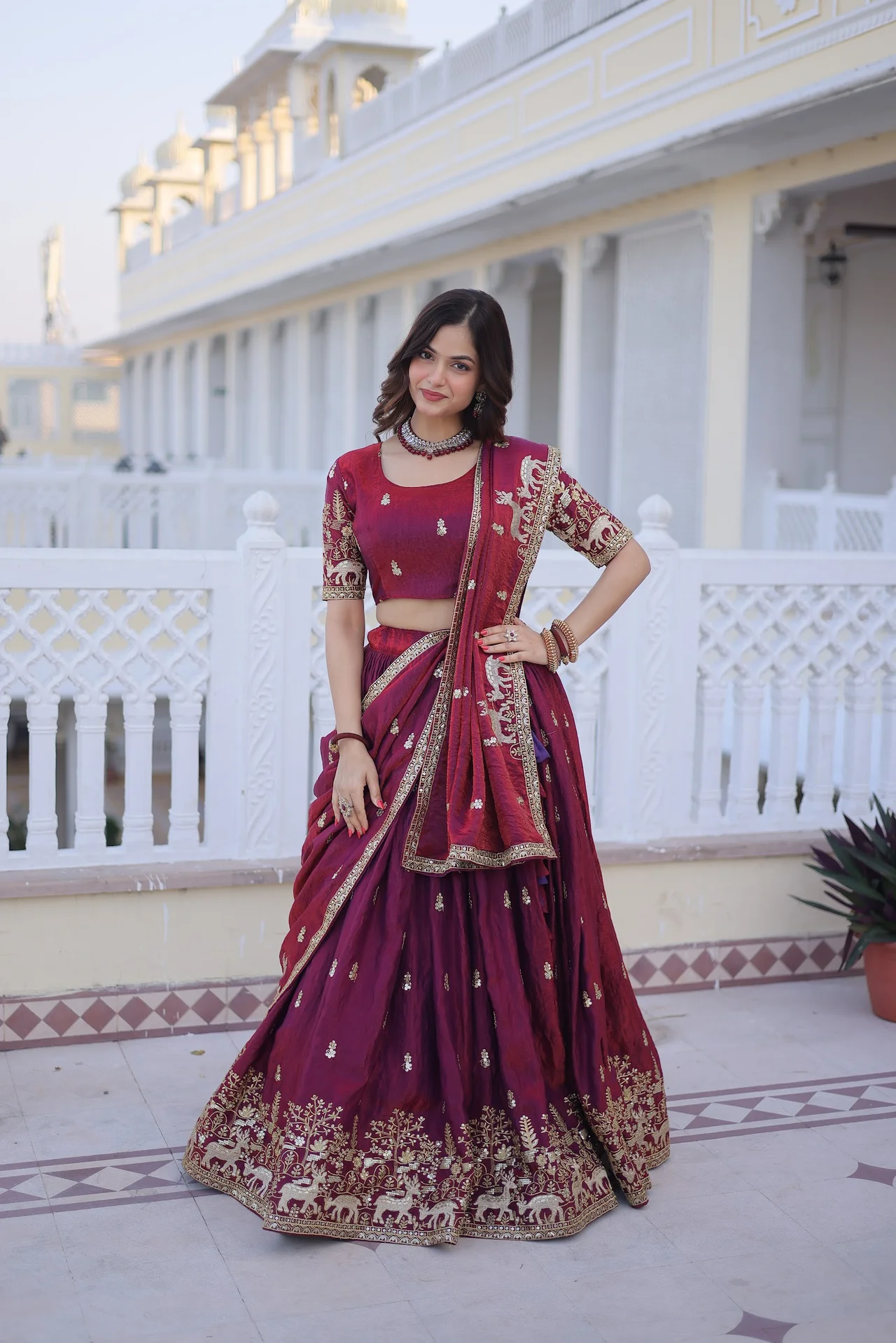 Women's Fendi Silk Lehenga Choli with Dupatta in Maroon