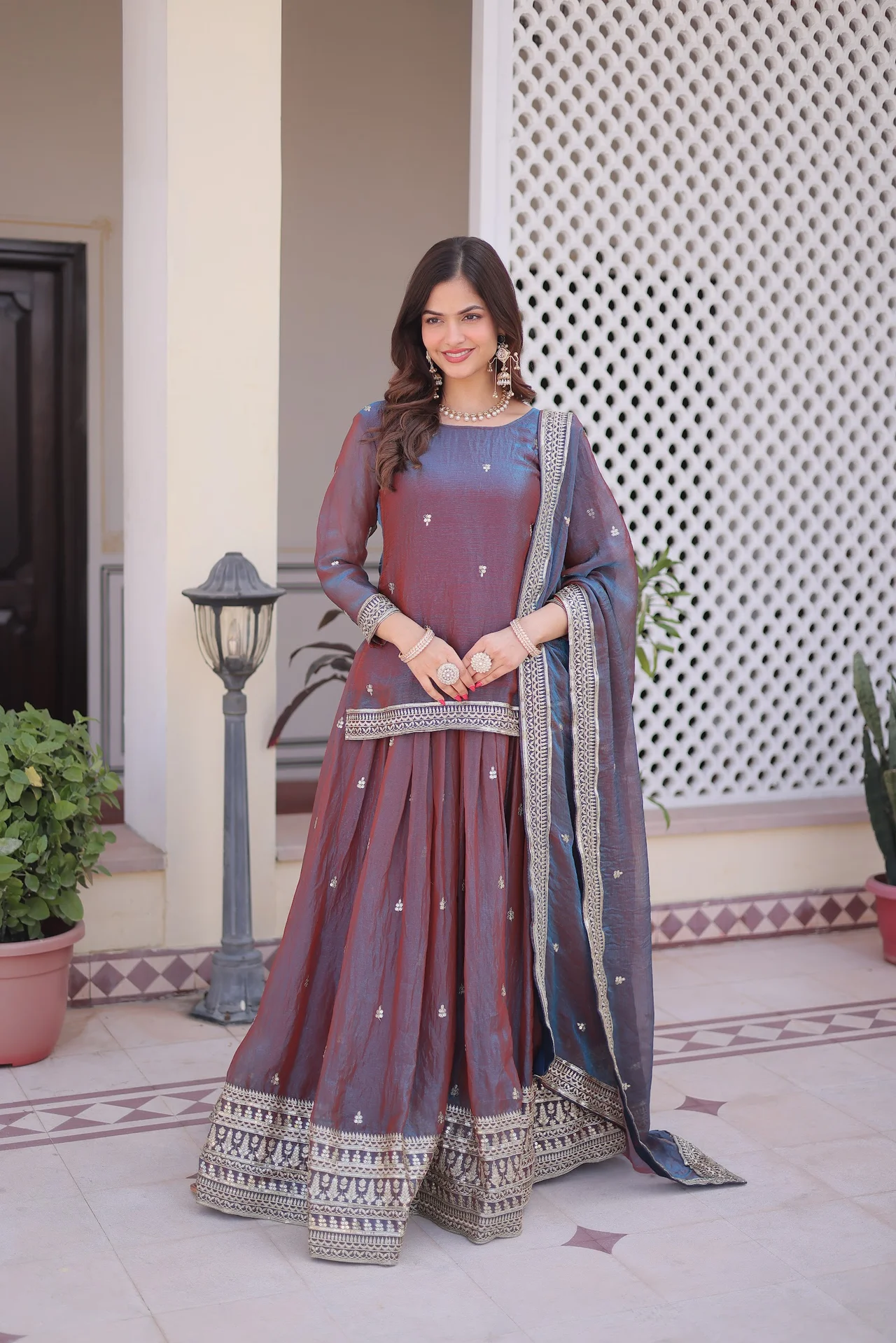 Women's Fendi Chiffon Readymade Lehenga Choli with Dupatta in Plum
