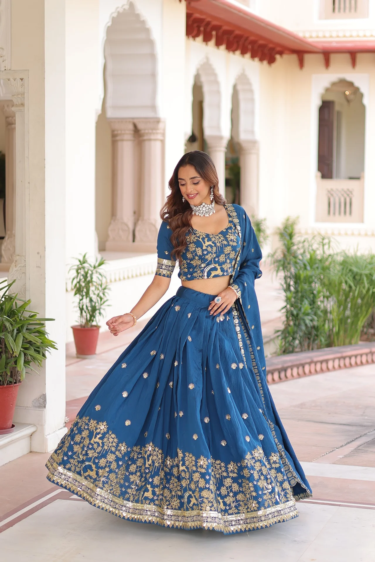 Women's Vichitra Silk Lehenga Choli with Dupatta in Royal Blue
