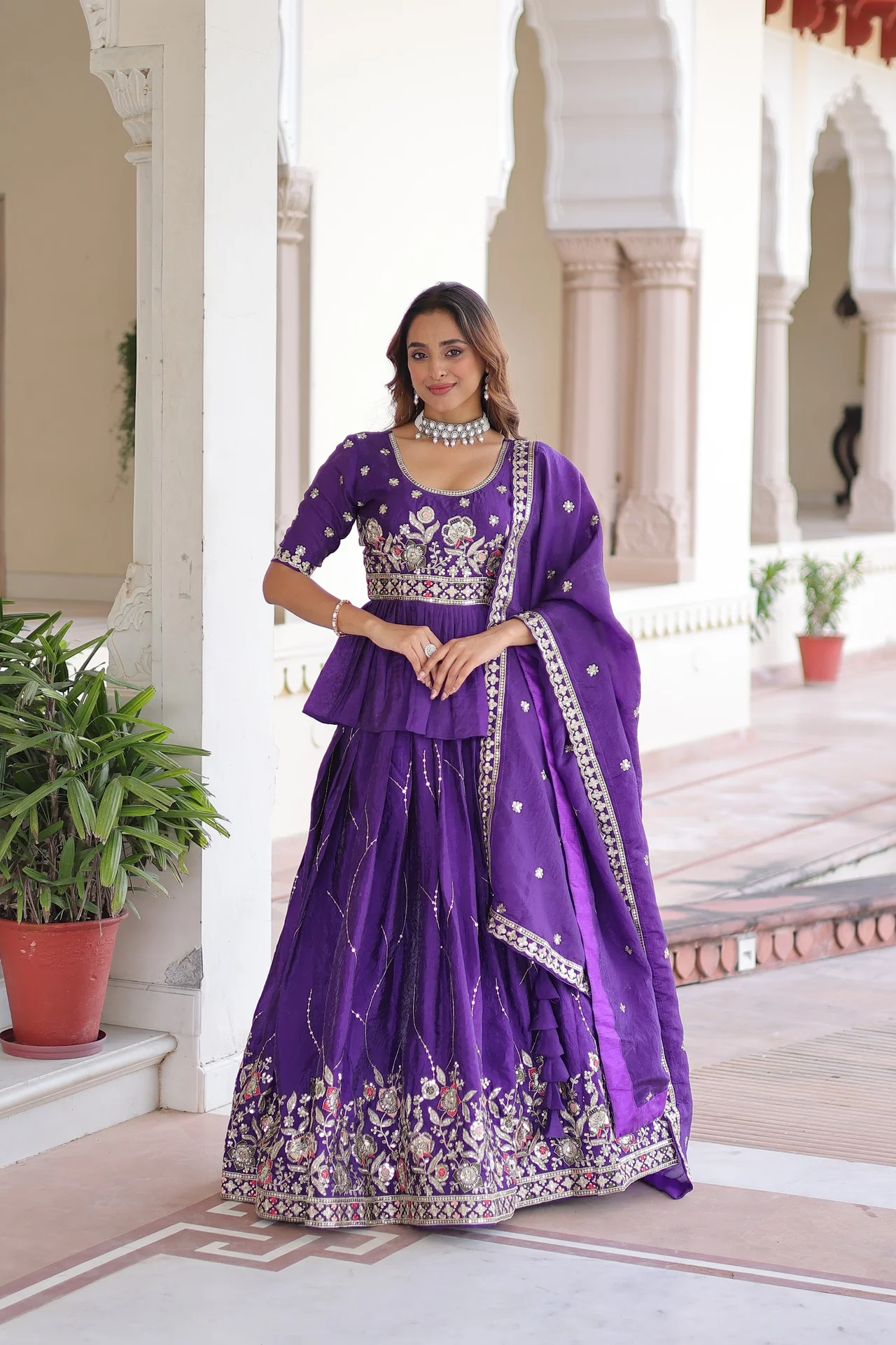 Women's Crush Fabric Lehenga Choli Set with Peplum Top & Dupatta | Sequins Zari Thread Embroidery | 3 Mtr Flair | Festive Wedding Wear