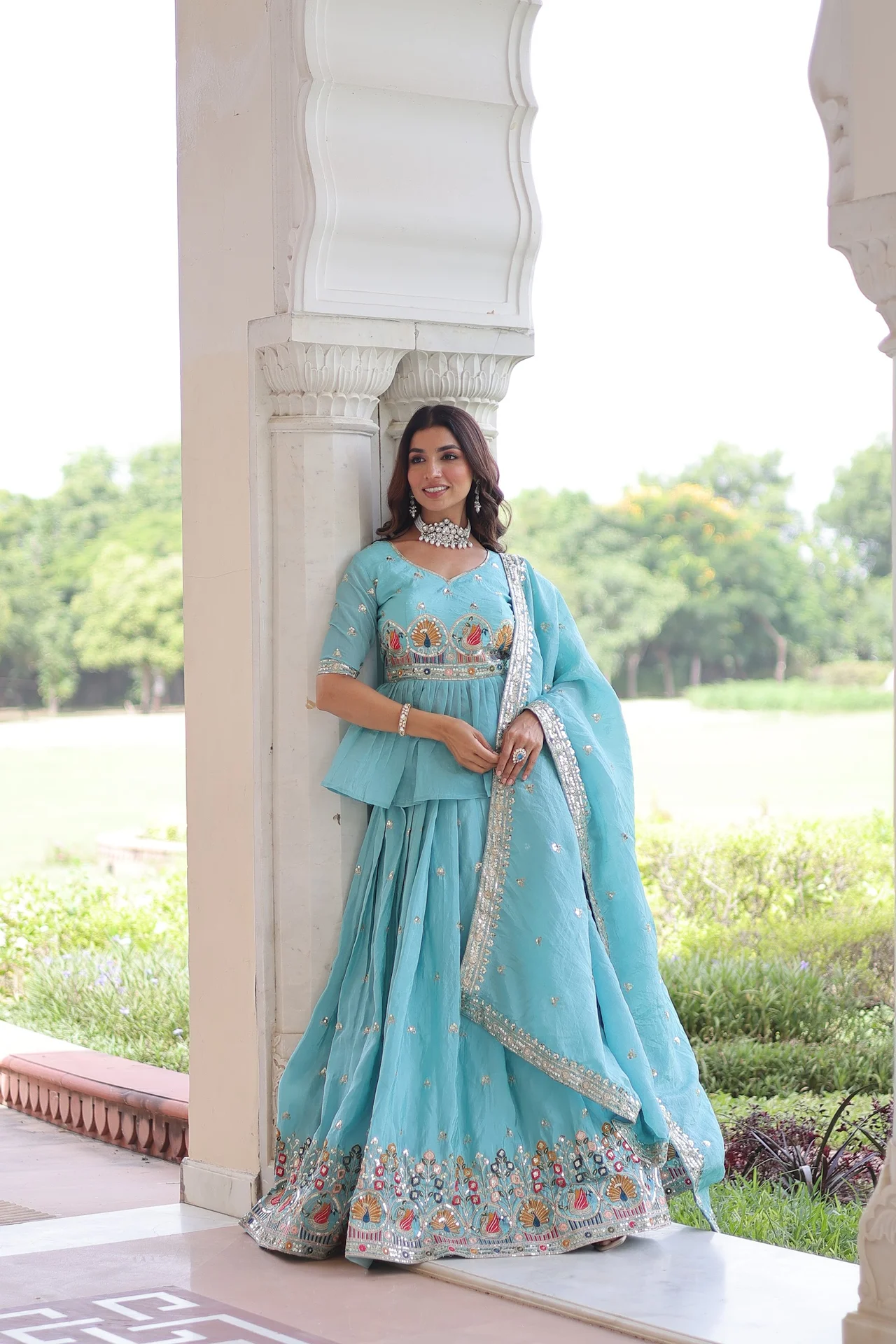 Women's Crush Fabric Lehenga Choli Set with Peplum Blouse & Dupatta | Multi Thread Embroidery Zari Sequins Work | 3 Mtr Flair | Festive Wear