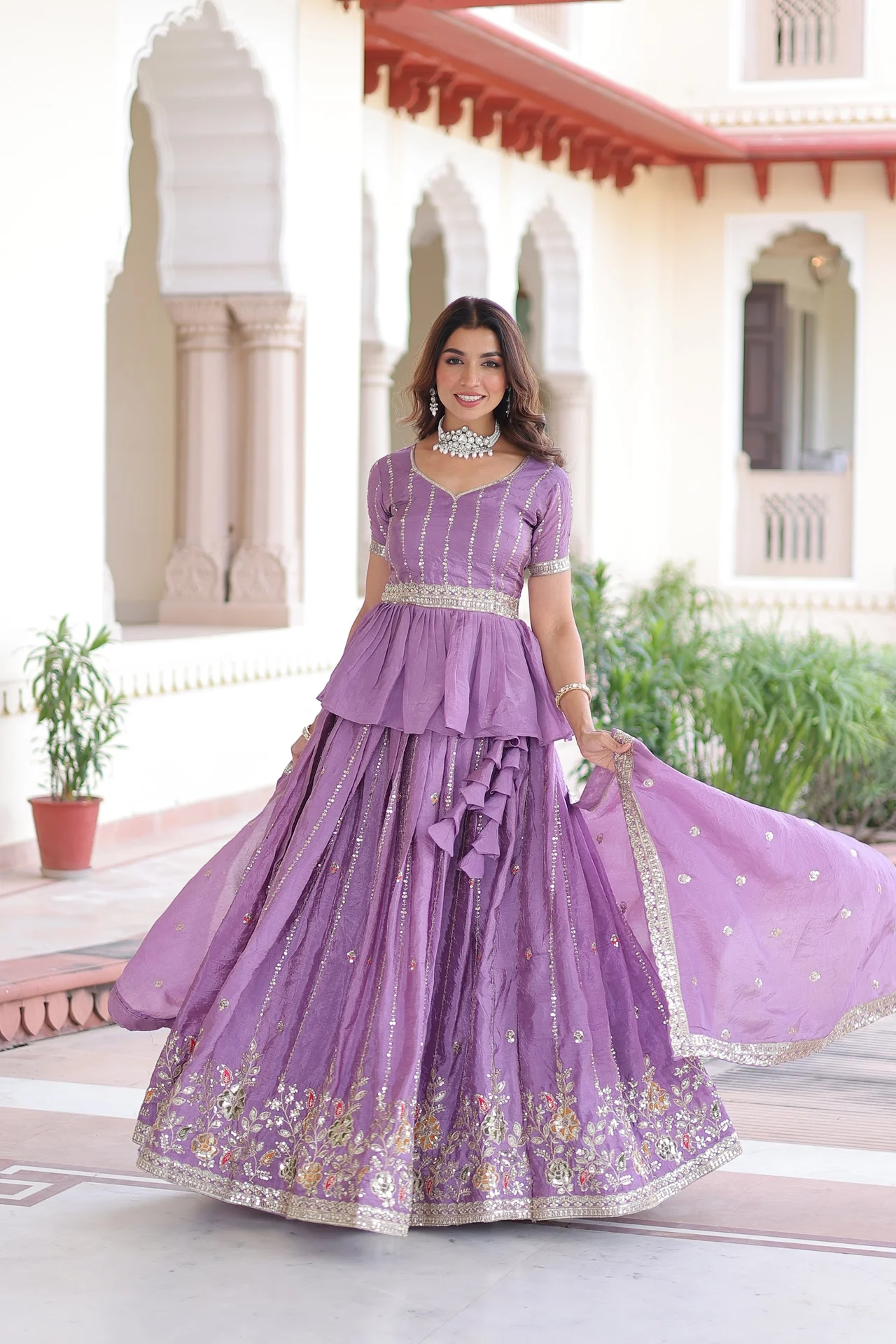Women's Crush Fabric Lehenga Choli Set with Peplum Blouse and Dupatta | Sequins Zari Thread Embroidery | 3 Mtr Flair | Festive Wear