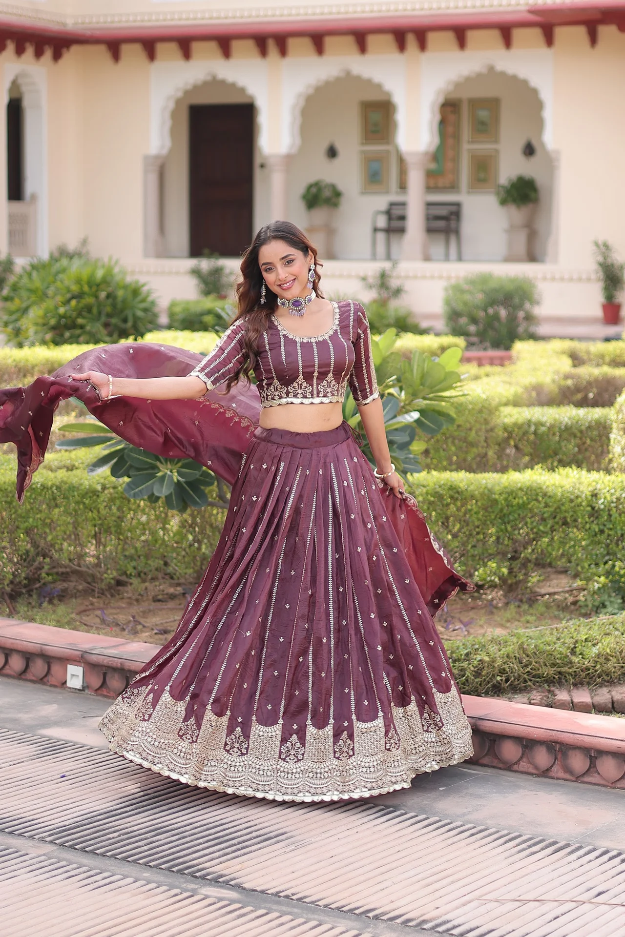 Women's Crush Fabric Lehenga Choli with Dupatta | Sequins Zari Embroidered Work | 3 Mtr Flair | Festive Wedding Wear