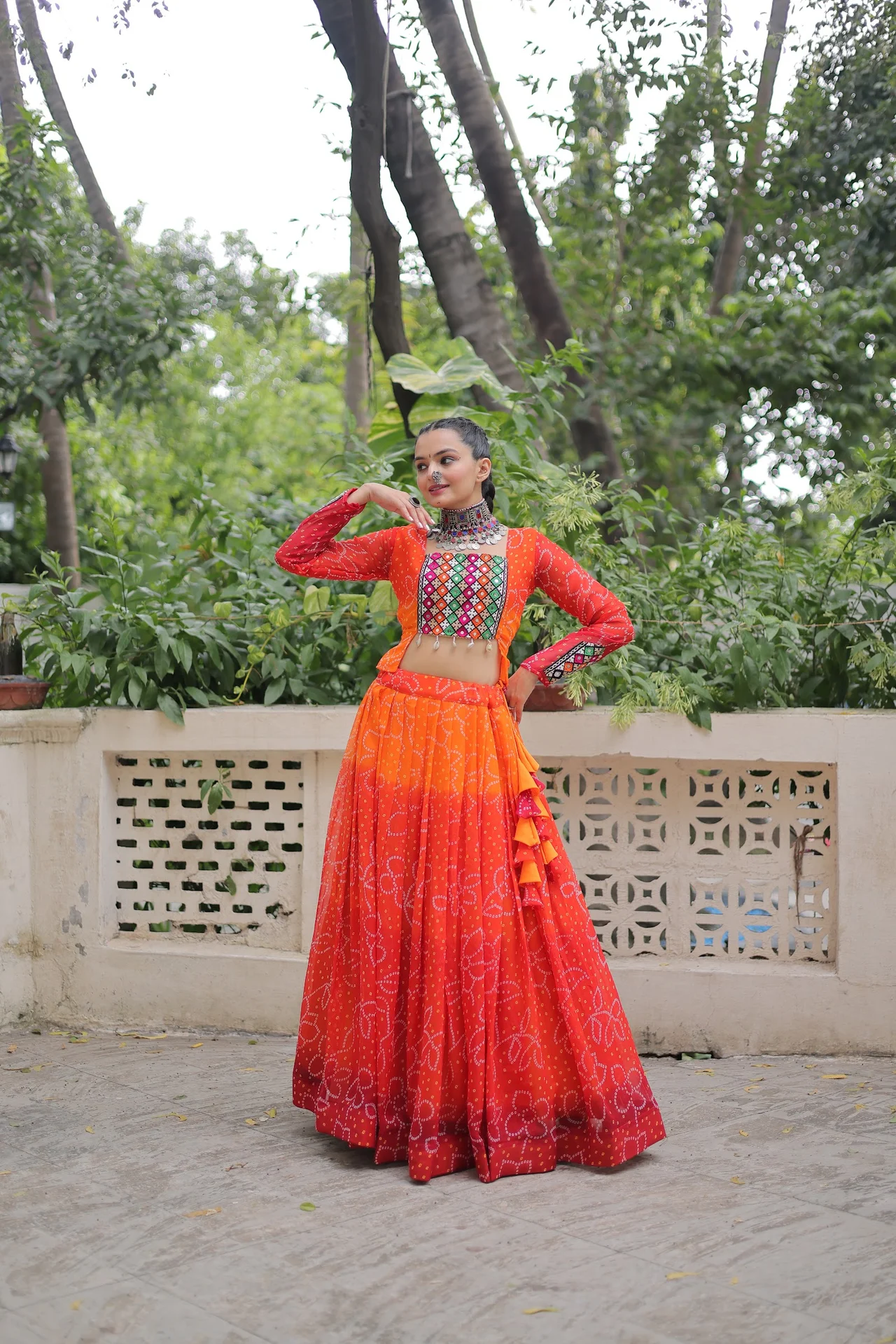 Women's Cotton Lehenga Choli Set with Stitched Blouse in Orange
