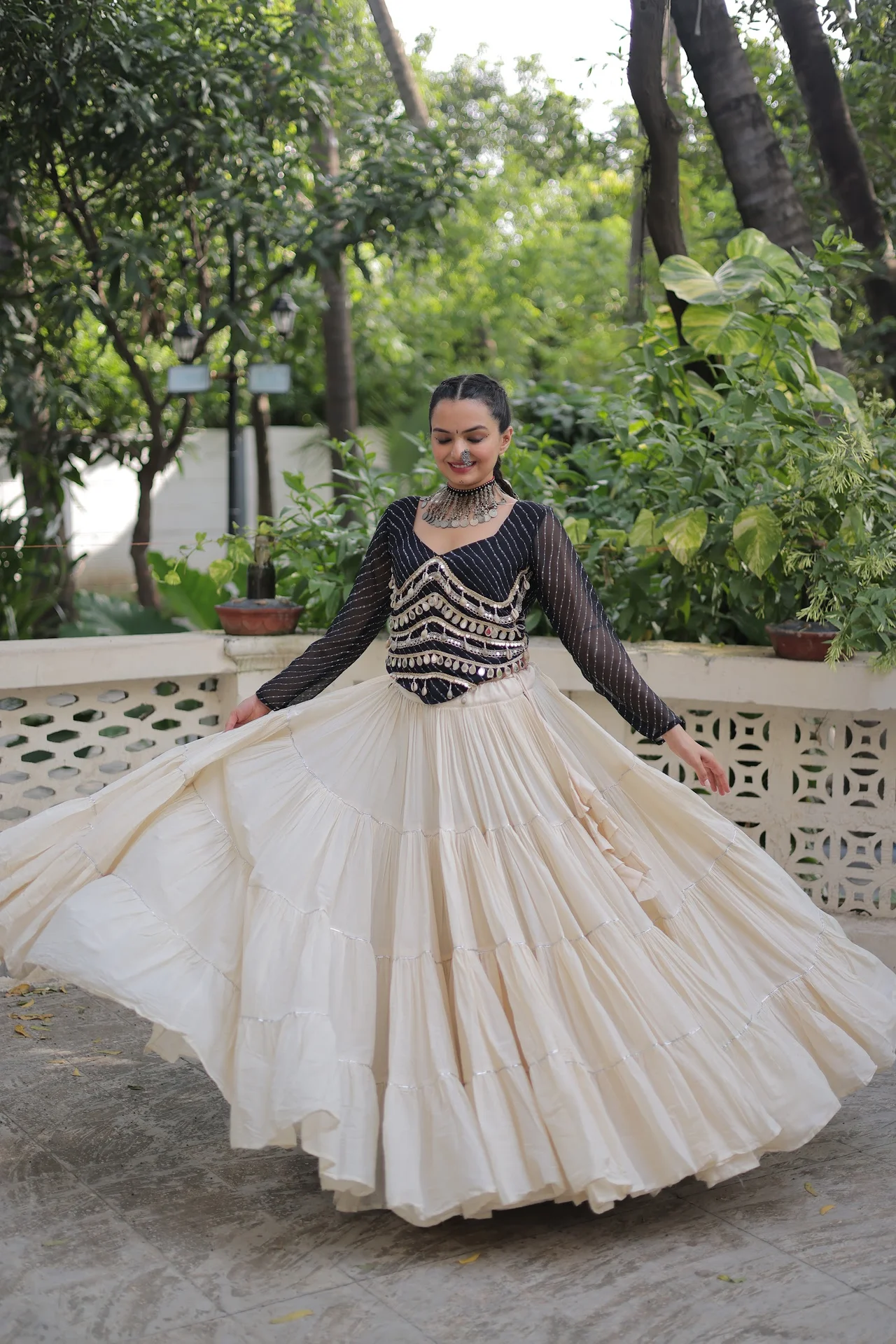 Women's Kora Cotton Lehenga Choli with Stitched Blouse in Black