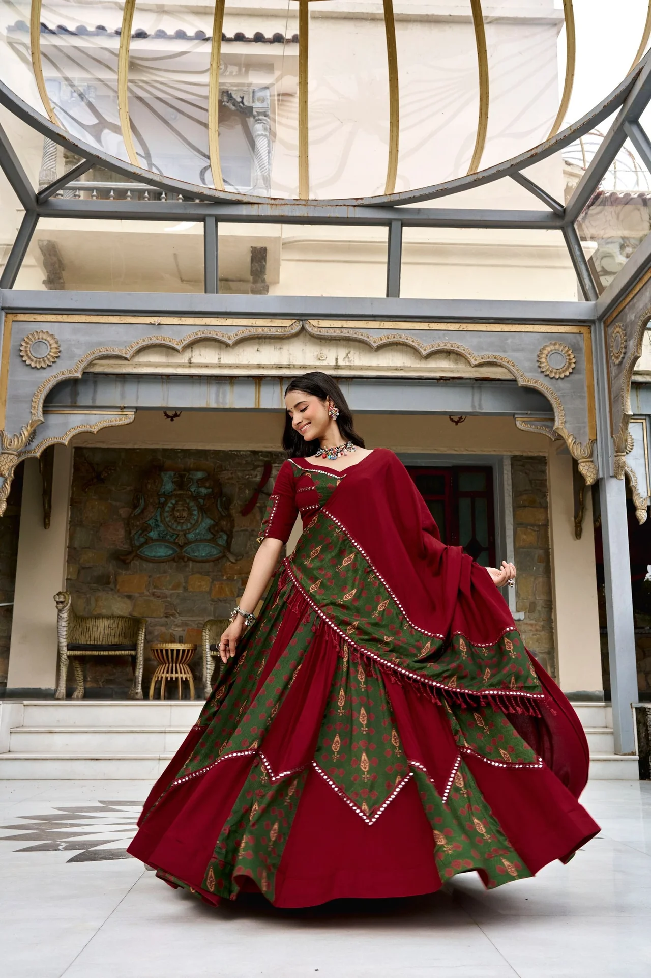 Women’s Ajrakh Printed Rayon Lehenga Choli With Dupatta in Maroon