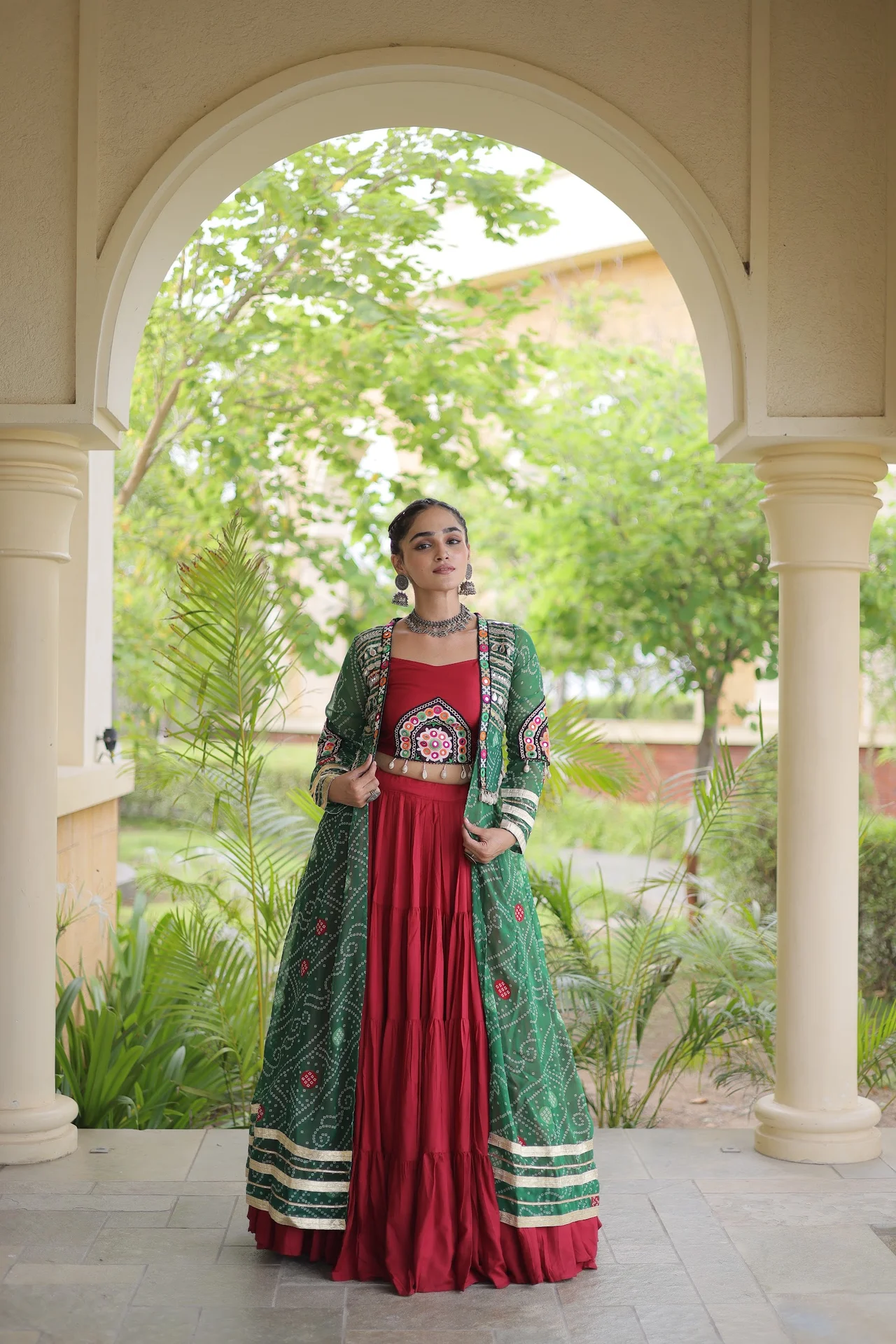 Women's Rayon Lehenga Choli with Bandhani Print Shrug in Bottle Green