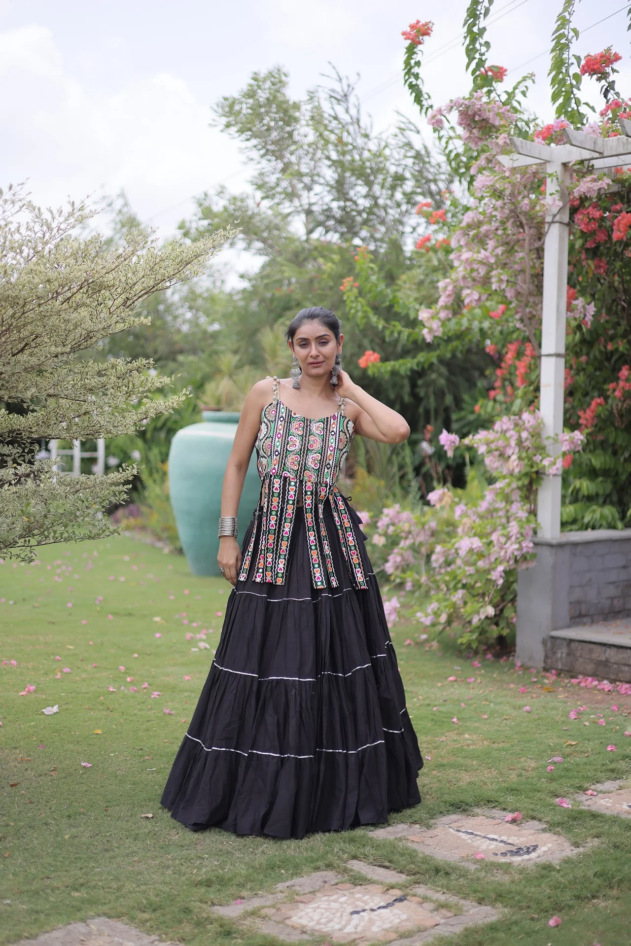 Women's Kora Cotton Lehenga Choli with Sleeveless Stitched Blouse in Black