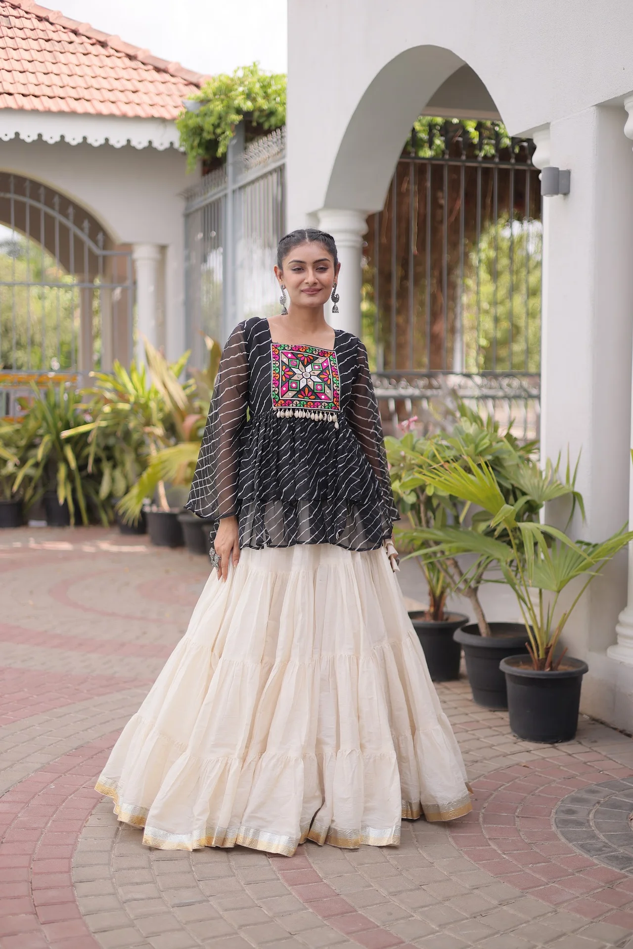 Women's Kora Cotton Lehenga Choli with Stitched Top in Black