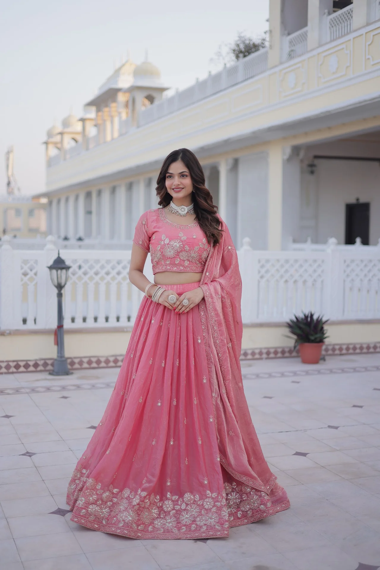 Women's Fendi Silk Lehenga Choli with Round Neck Blouse Piece & Dupatta | Sequins & Zari Thread Embroidery | 3 Mtr Flair | Wedding Wear
