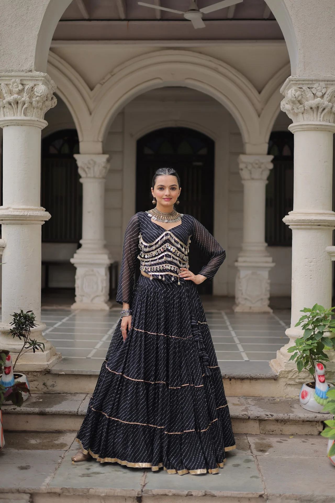 Women's Leheriya Print Lehenga Choli with Full Sleeve Blouse in Black