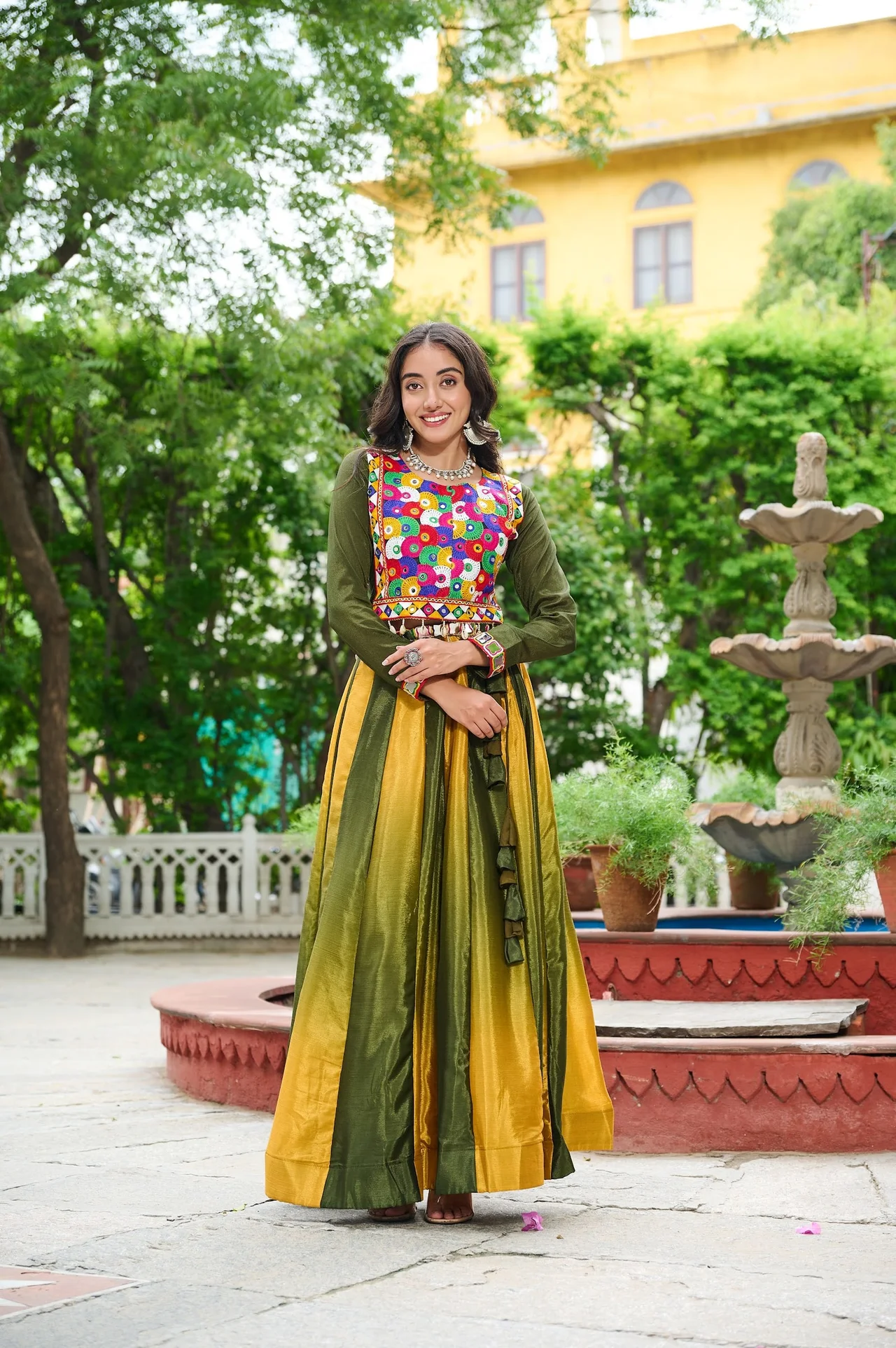 Women's Chinnon Navratri Lehenga Choli with Kutchi Gamthi Embroidery in Mehendi Green