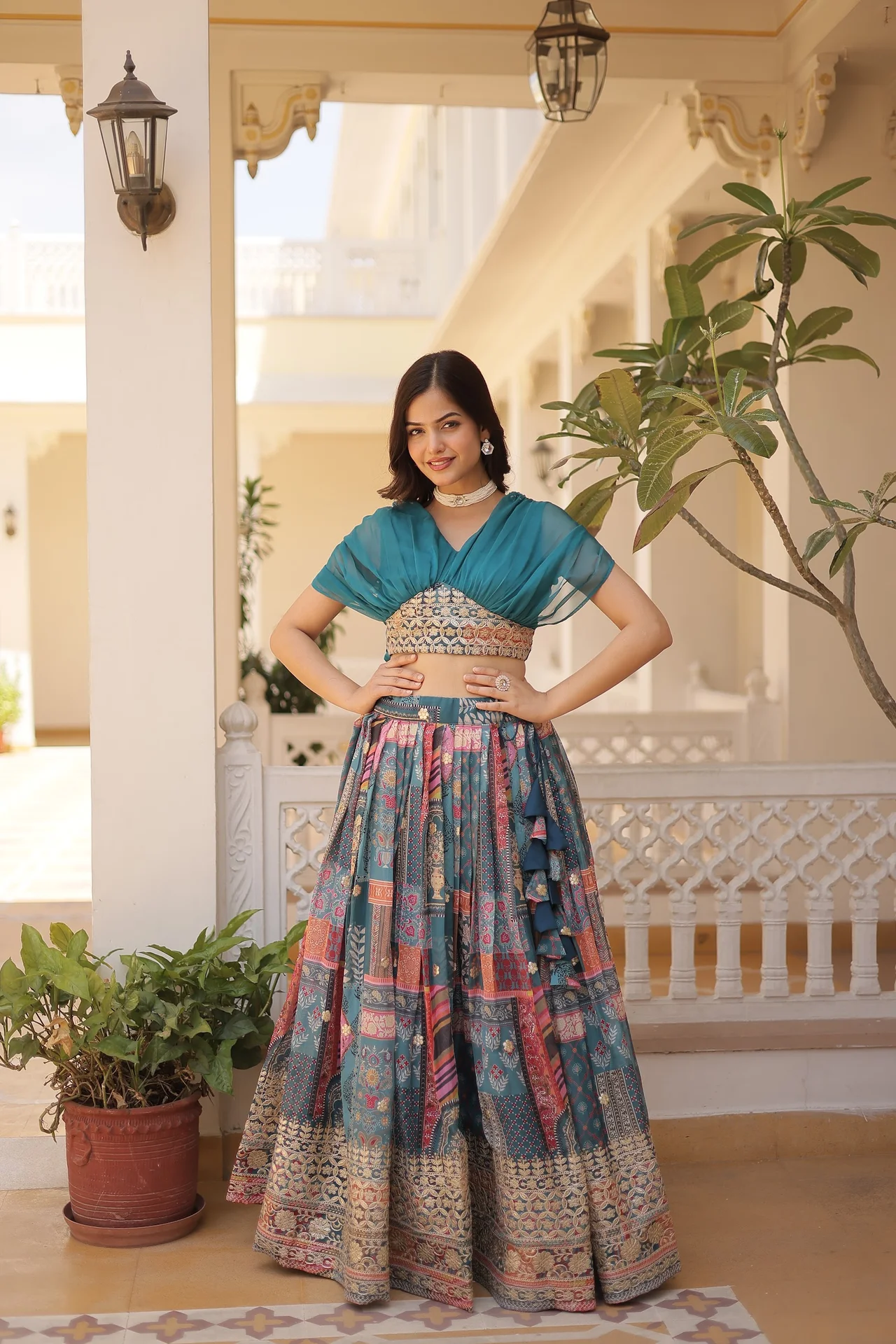 Women's Russian Silk Lehenga Choli with Foil Embroidery in Teal