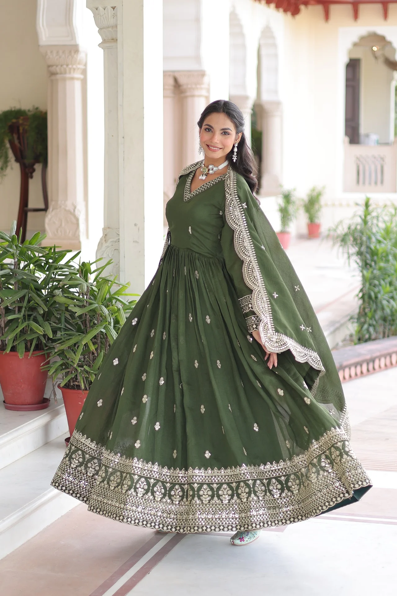 Women's Vichitra Silk Gown with Dupatta in Mehendi Green