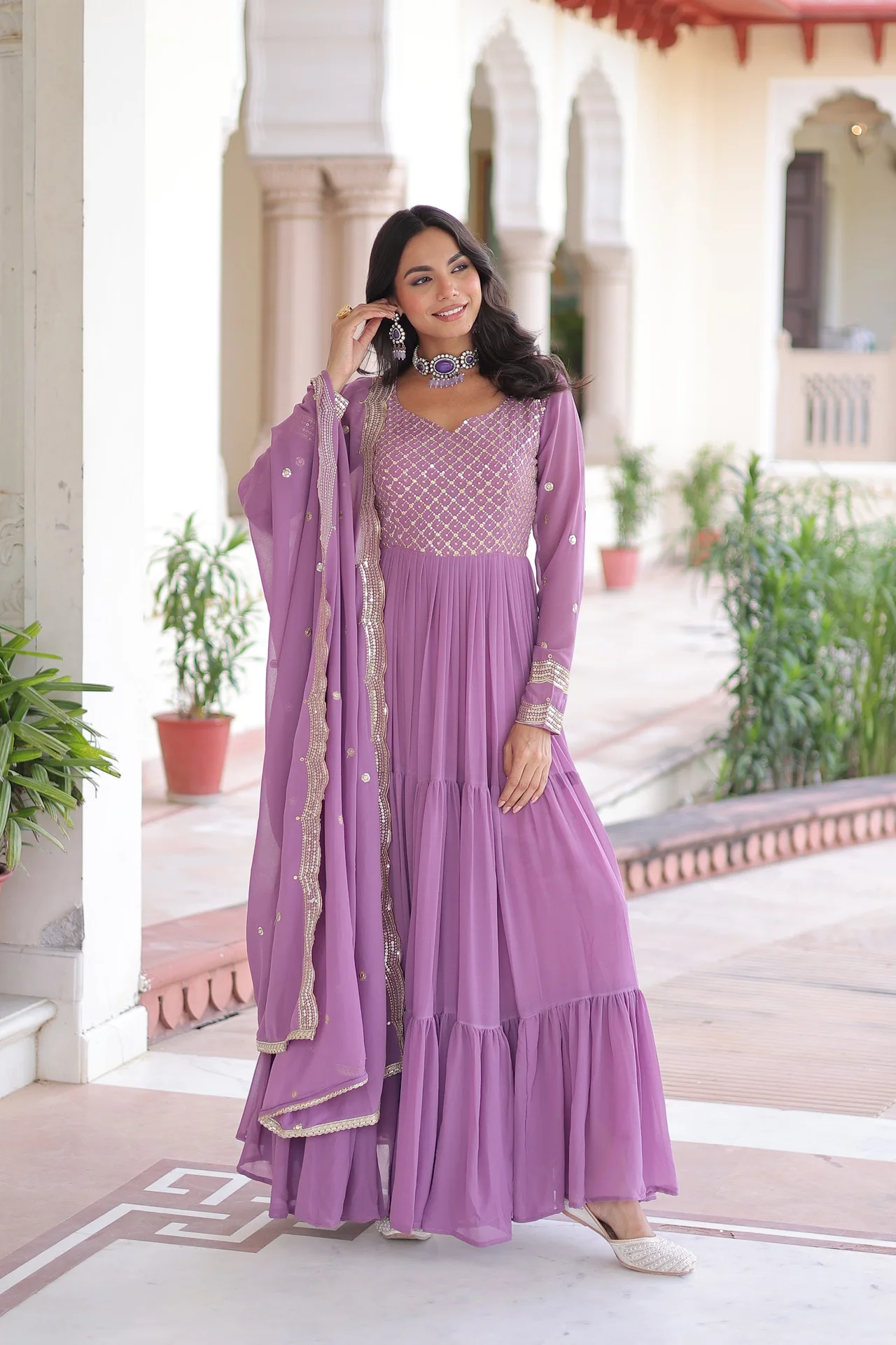 Women's Faux Georgette Gown with Dupatta in Lavender