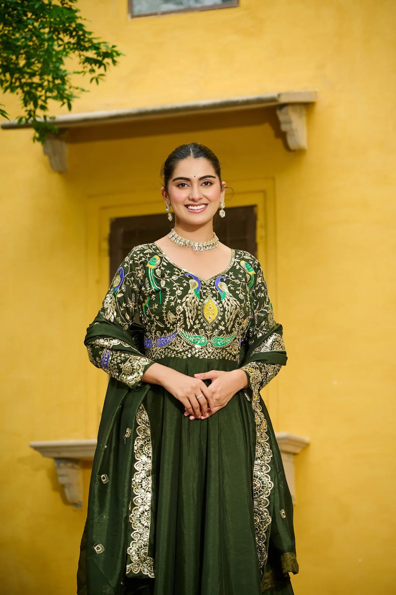 Women's Vichitra Silk Embroidered Gown with Dupatta in Mehendi Green