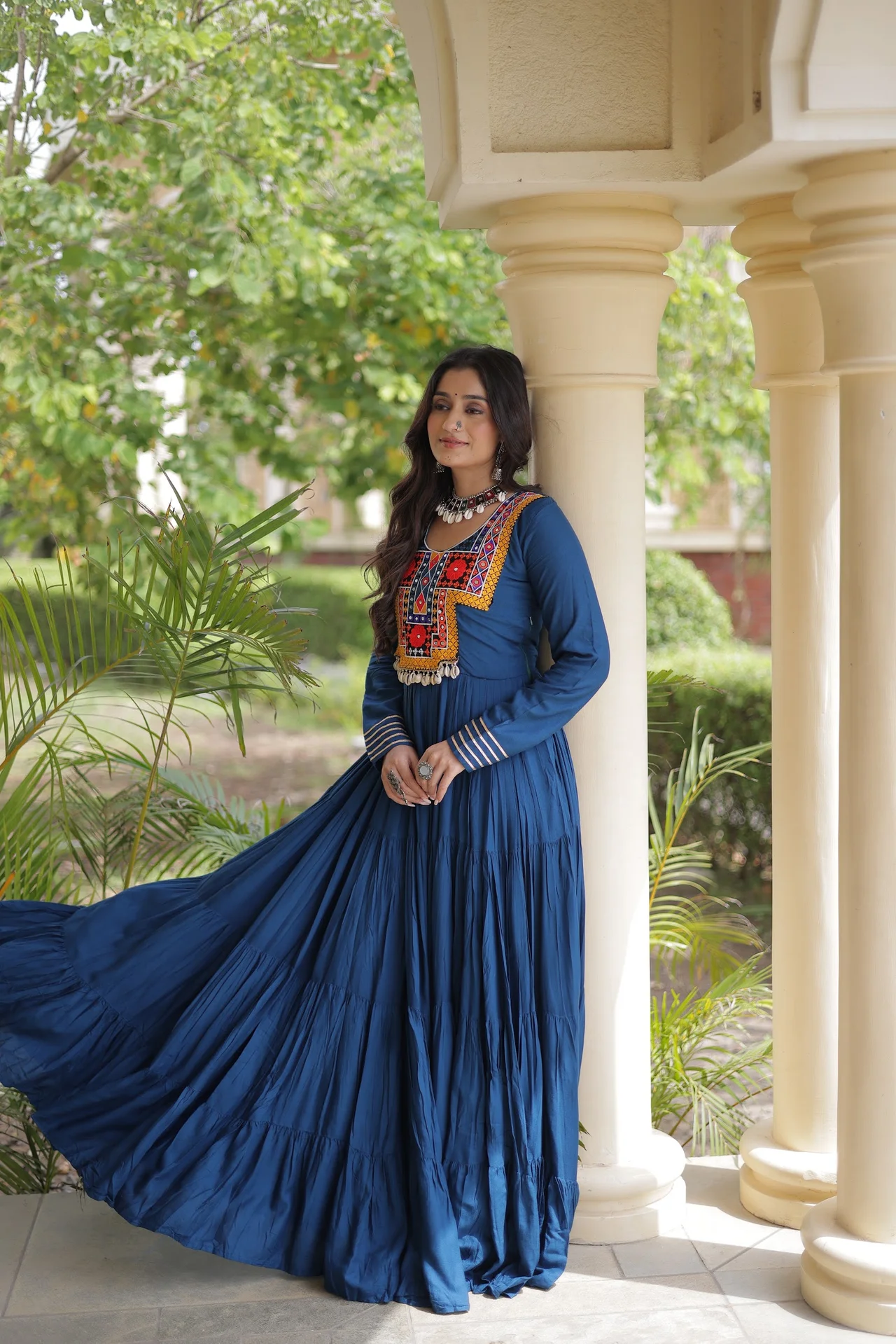 Women's Rayon Navratri Gown with Kutchi Embroidery in Teal