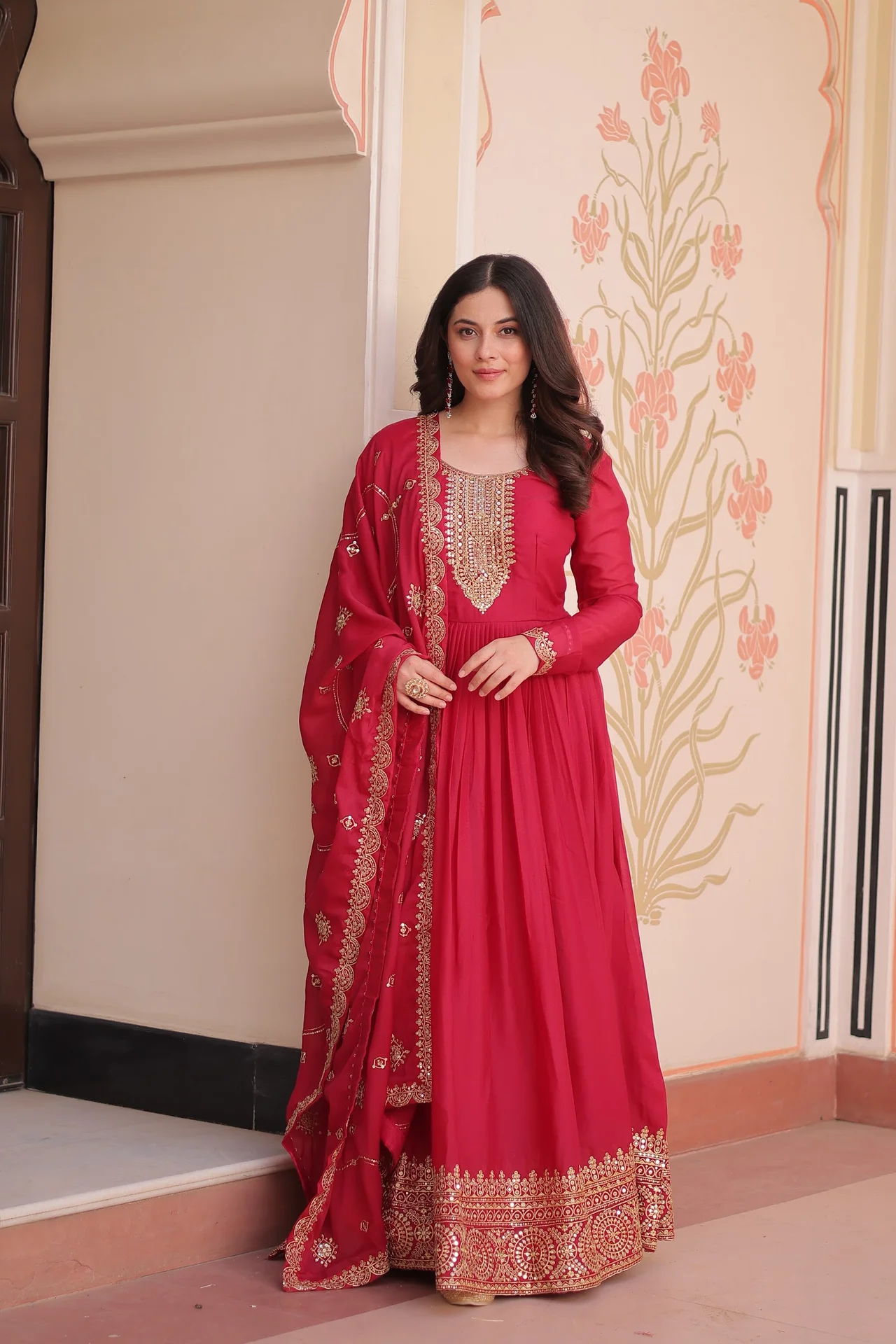 Women's Star Georgette Anarkali Gown with Dupatta in Rani Pink