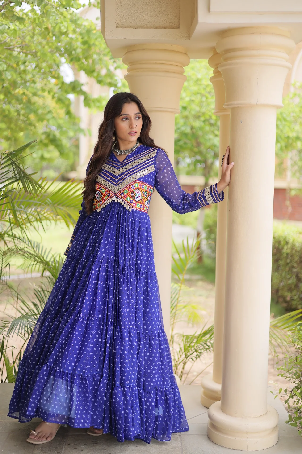 Women's Faux Georgette Anarkali Gown with Full Sleeves in Royal Blue