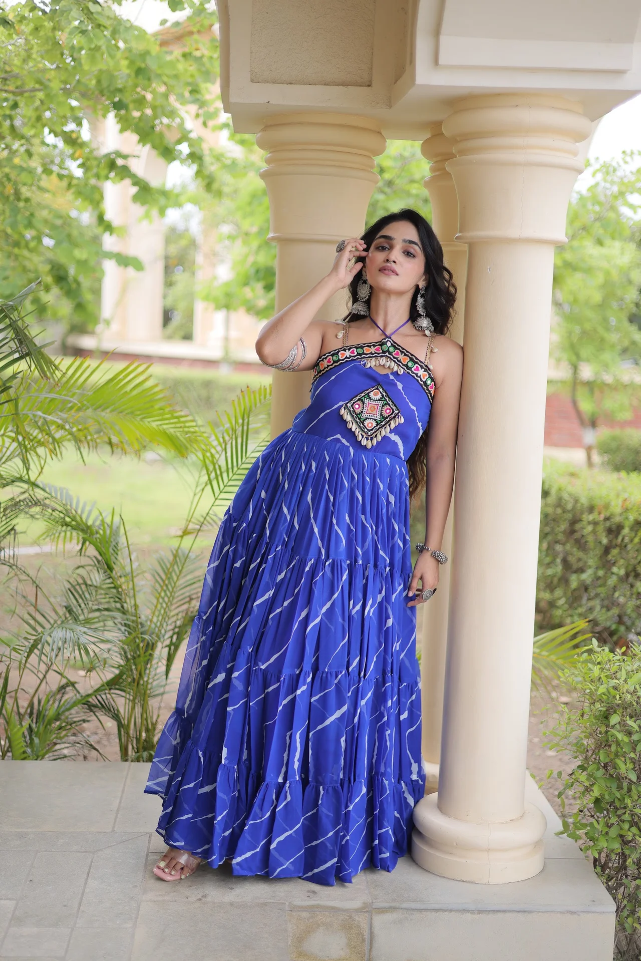 Women's Faux Georgette Flared Gown with Kutchi Patchwork in Royal Blue