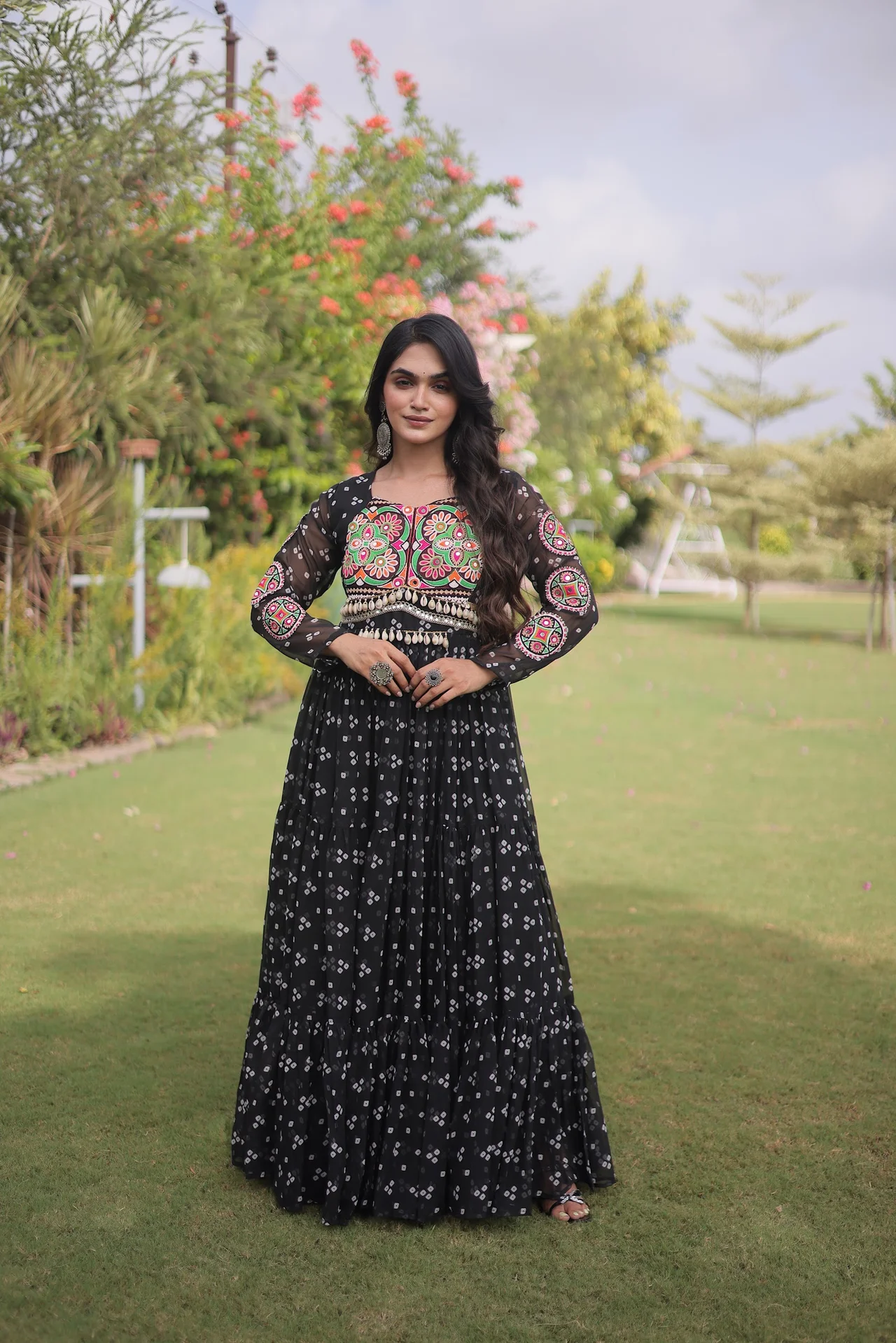 Women's Faux Georgette Bandhani Print Gown with Kutchi Patchwork in Black