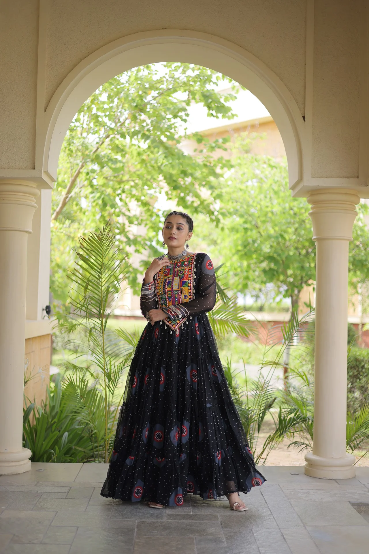 Women's Faux Georgette Gown with Bandhani Print and Kutchi Patchwork in Black