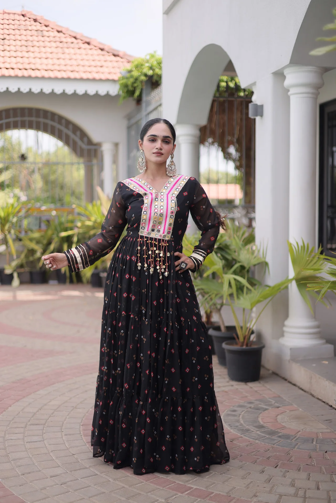 Women's Faux Georgette Gown with Kutchi Patchwork in Black
