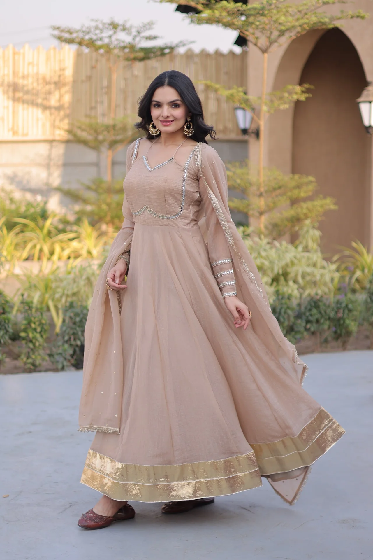 Women's Crunchy Silk Gown with Dupatta in Beige