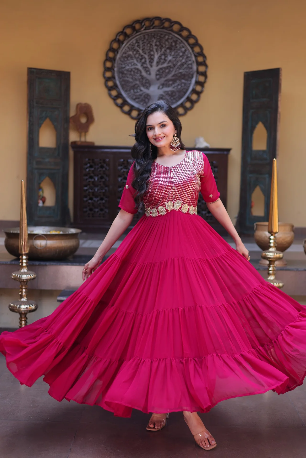 Women's Faux Blooming Readymade Gown with Embroidery Zari Sequins Work | Tiered Flared Silhouette | 56 Inch Length | Festive Party Wear